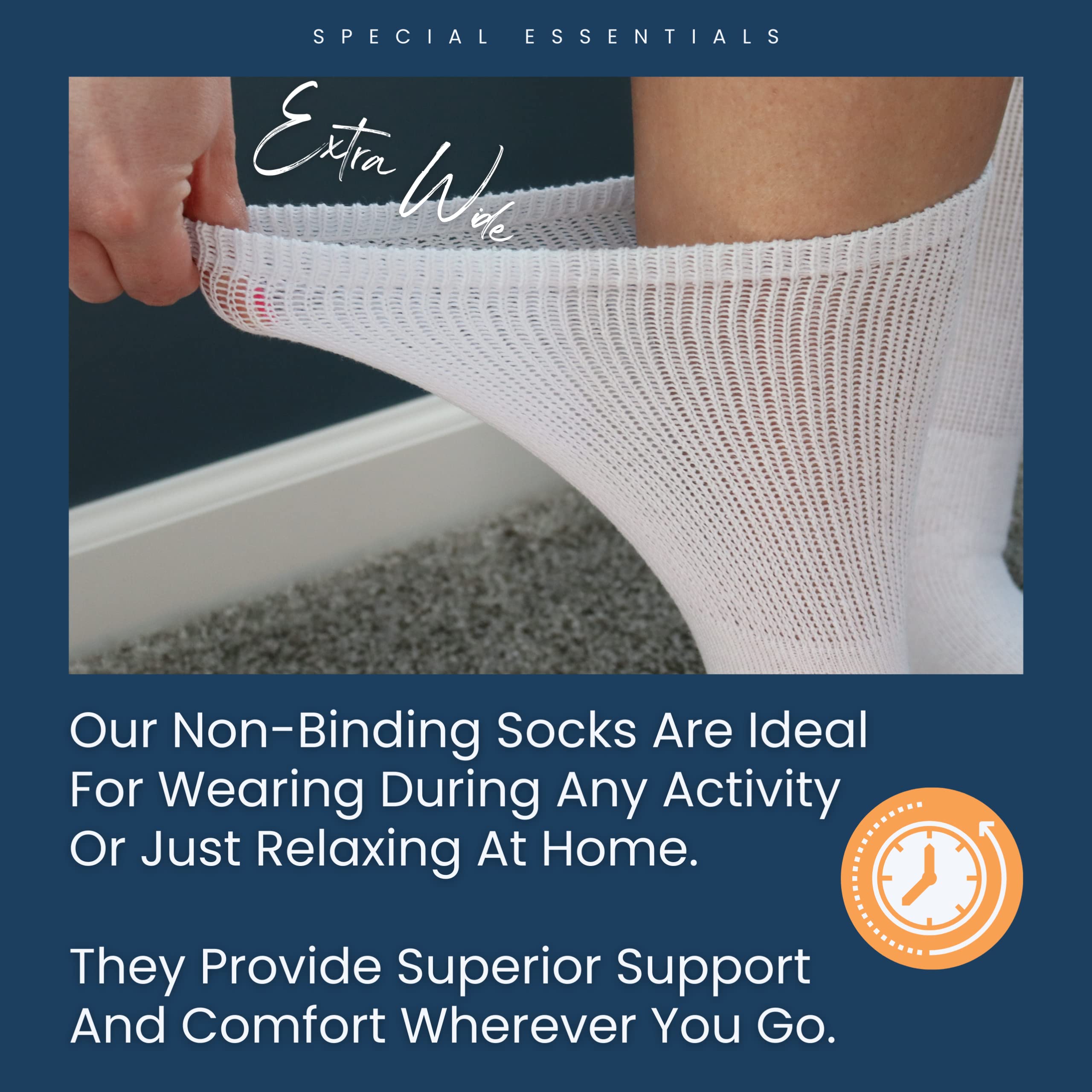Special Essentials 12 Pairs Cotton Diabetic Socks for Men & Women - Non-Binding Extra Wide Top Neuropathy Socks - Crew Socks Nav