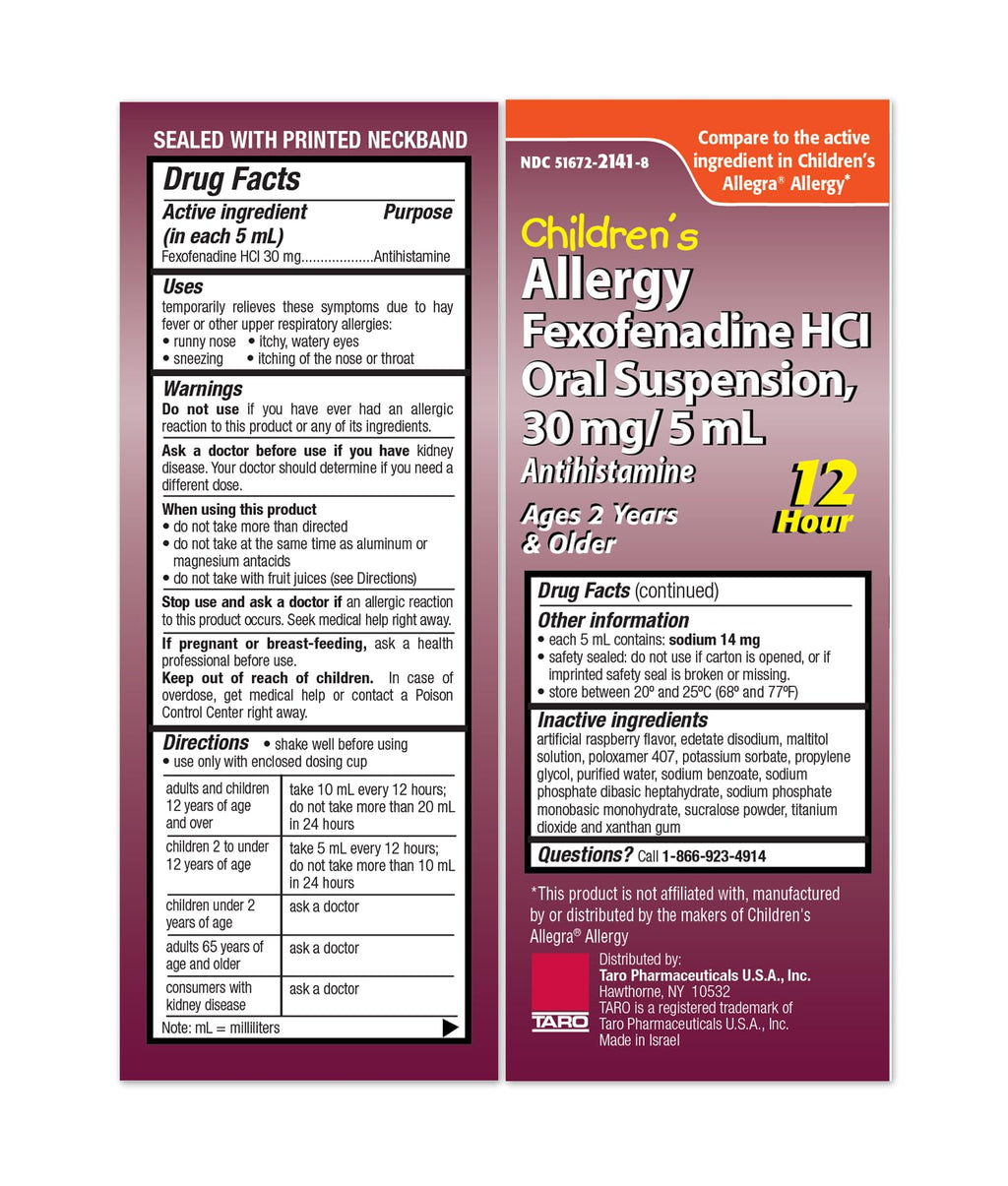 TARO Childrens 12HR Allergy Relief Non-drowsy Antihistamine Liquid, Berry Flavor, Alcohol-Free, Dye-Free & Sugar Free, Fexofena