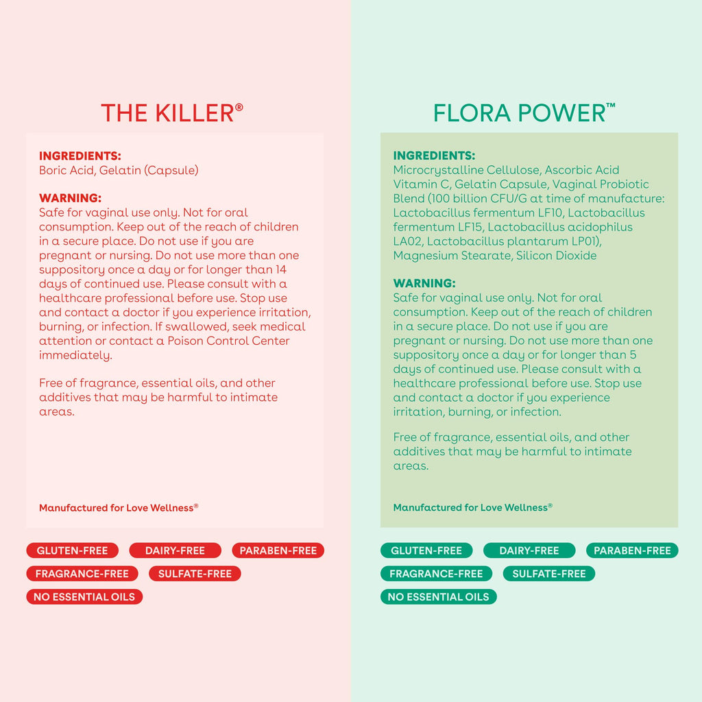 Love Wellness The Killer & Flora Power | Vaginal Suppository Duo with Probiotics, Vitamin C & Boric Acid for Vaginal Health | Va