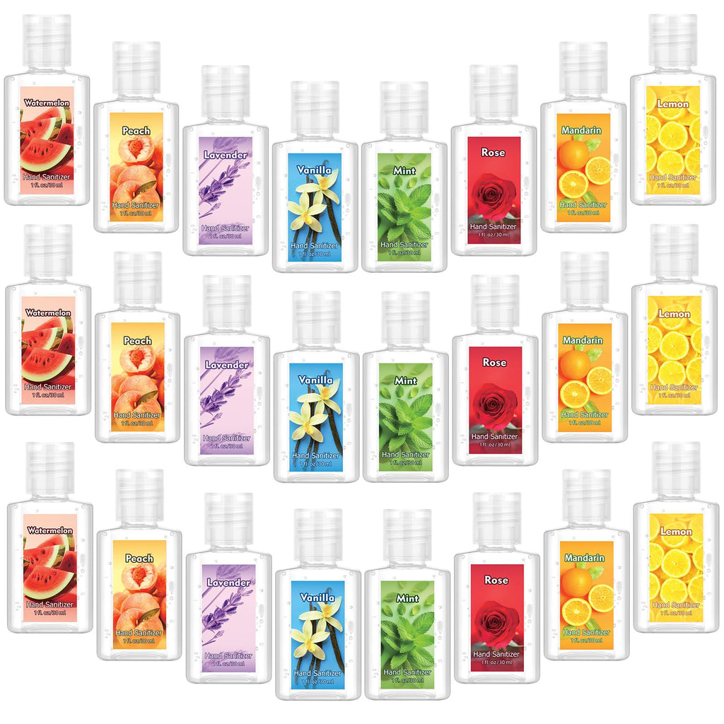 Frienda 24 Pcs Mini Hand Sanitizer Bulk Scented Hand Sanitizer Travel Size 1 Fl oz Peach Lavender Vanilla Assorted Scents Saniti
