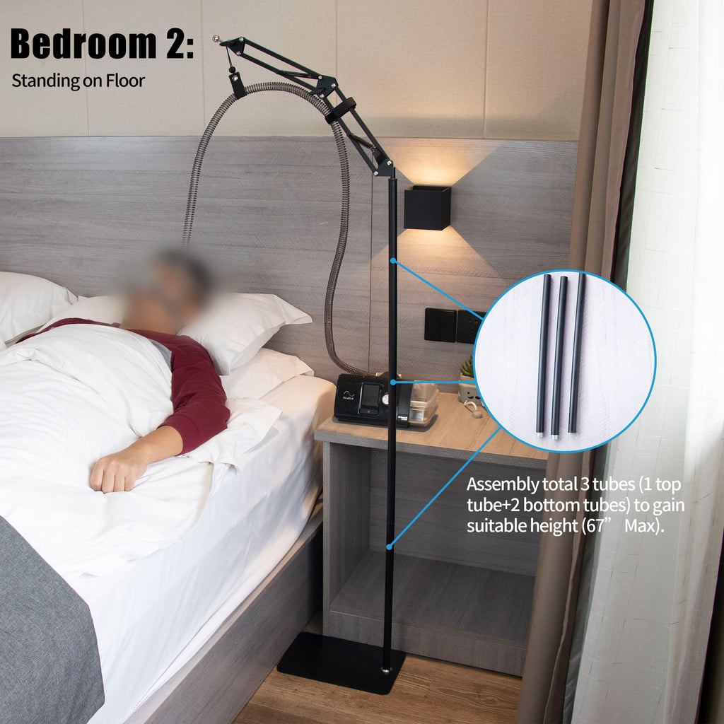 CPAP Hose Tube Holder Lifter Clamp Clip Hook Support Bedside Storage Kit_Metal Structure Strong_5.6 ft Max High_Angle Height Adj