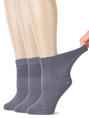Hugh Ugoli Women's Bamboo Ankle Loose Fit Diabetic Socks, Soft, Seamless Toe, Wide Stretchy, Non-Binding Top, 3 Pairs, Grey, Sho