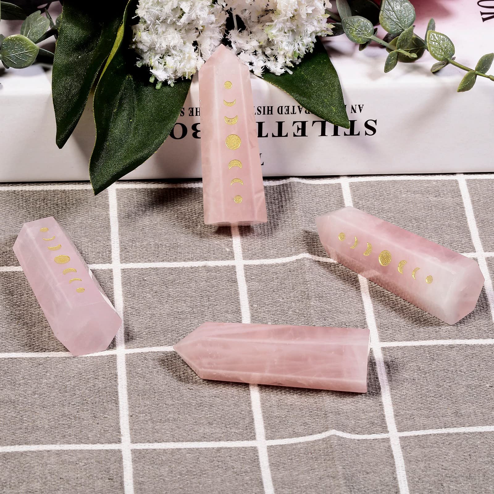 Amogeeli Wicca Moon Phase Rose Quartz Point Wand for Reiki Meditation, 6 Faceted Prism Healing Stone Decoration for Home & Offic