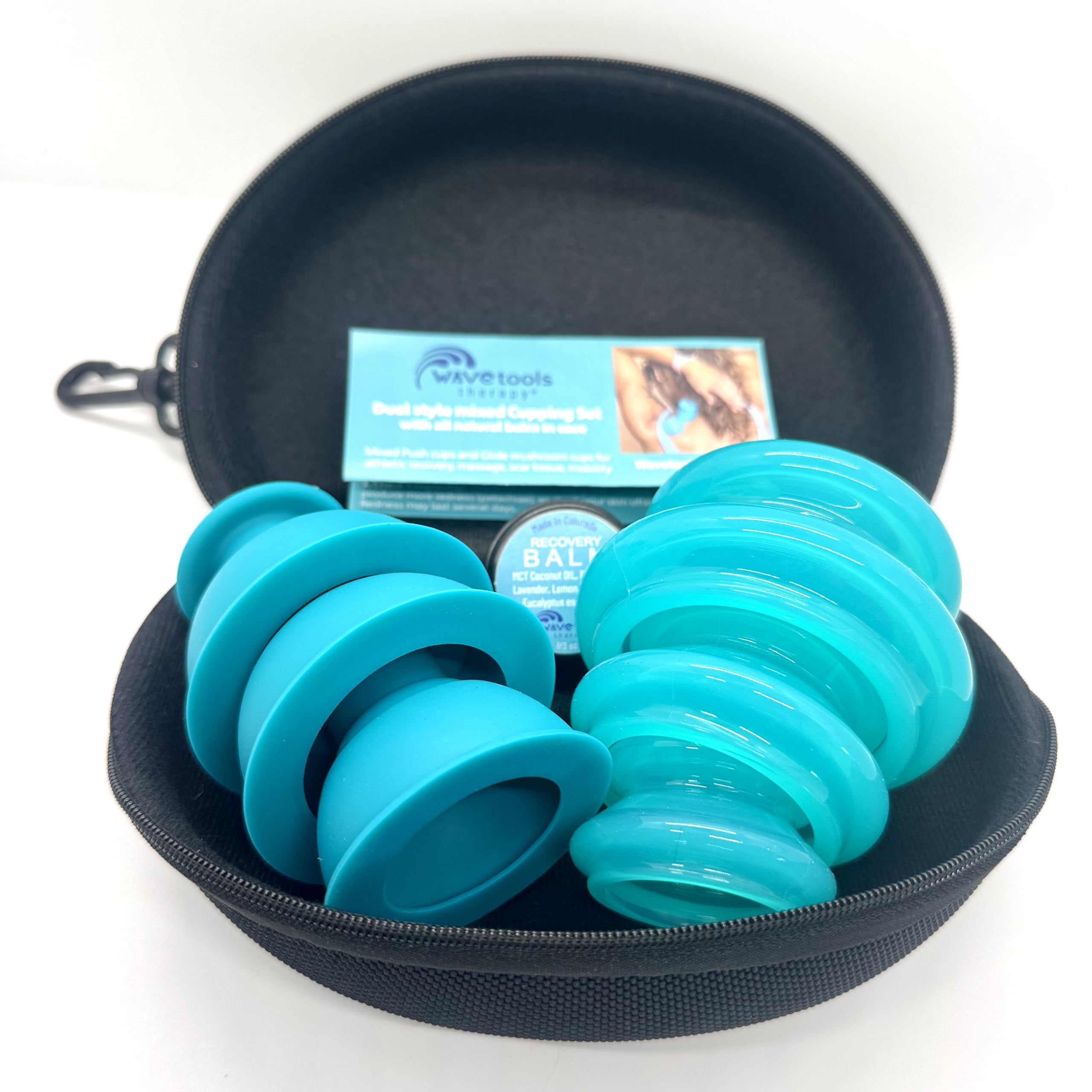 Dual Style Silicone Massage Cupping Therapy Set with All Natural Balm, Mixed 4 or 6 Packs with case (6 Pack, Clear Teal Glide Cu