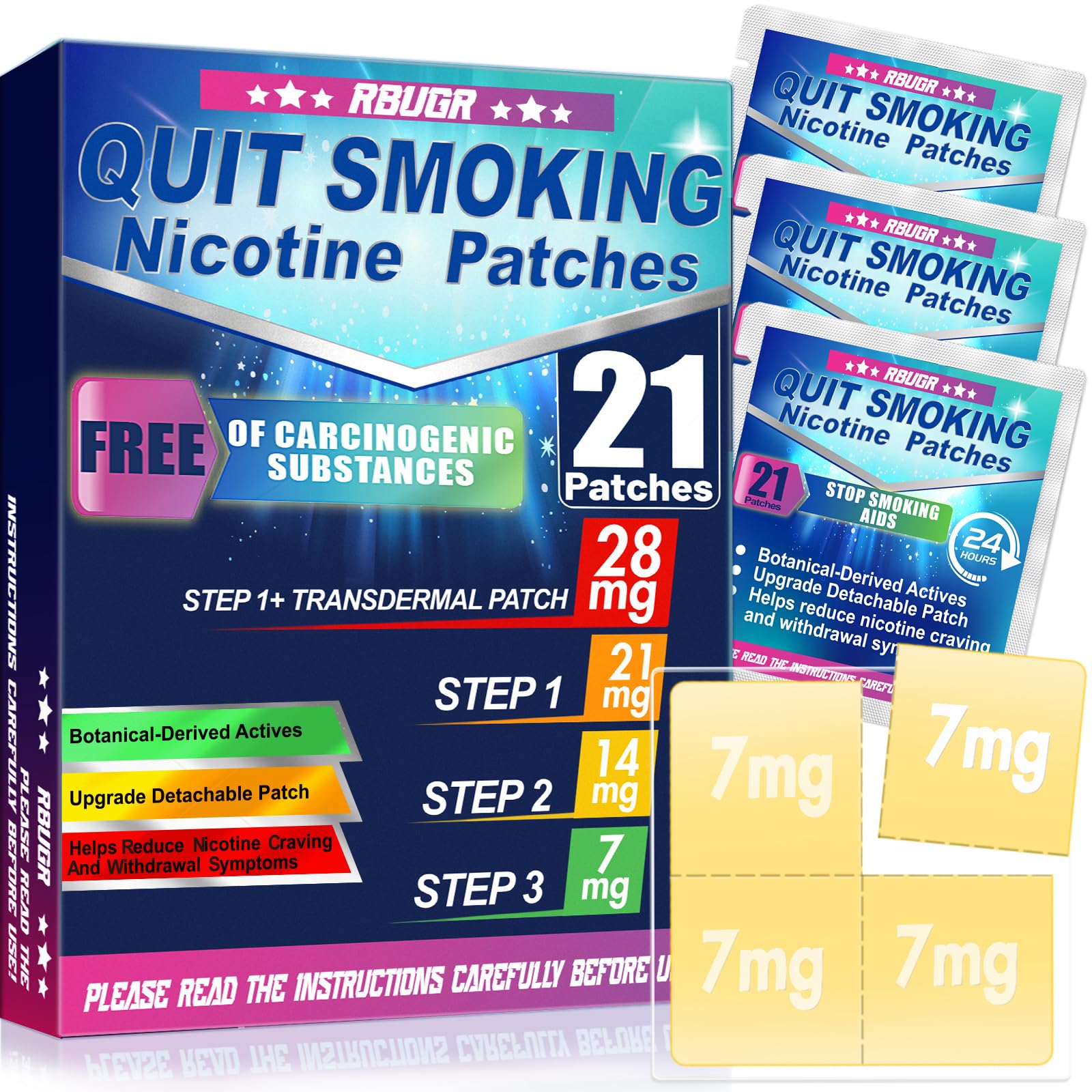 RBUGR Nicotine Patches Step 1+, 21mg Upgraded to 28mg (4 * 7mg), Quit Smoking Patches, Stop Smoking Aids That Work Within 2 Week