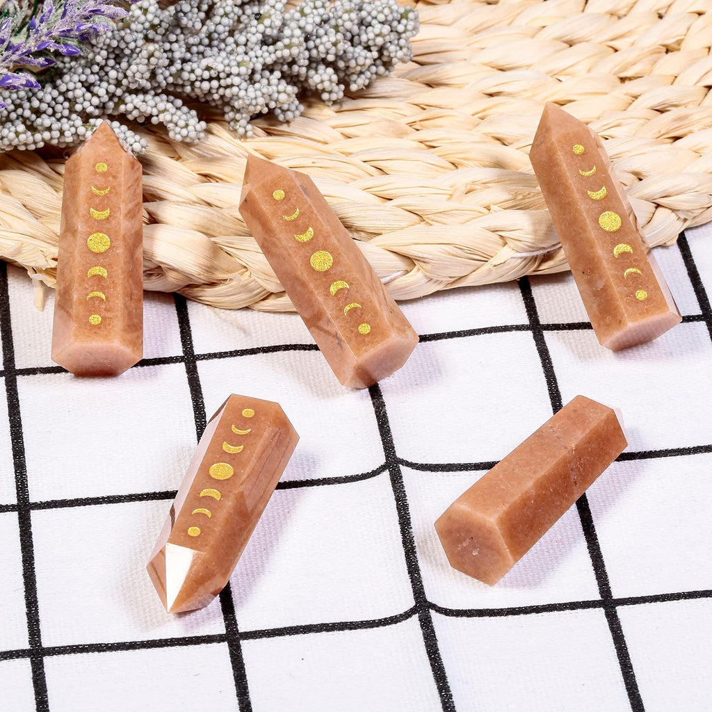 Amogeeli Wicca Moon Phase Red Aventurine Stone Point Wand for Reiki Meditation, 6 Faceted Prism Healing Crystal Decoration for H