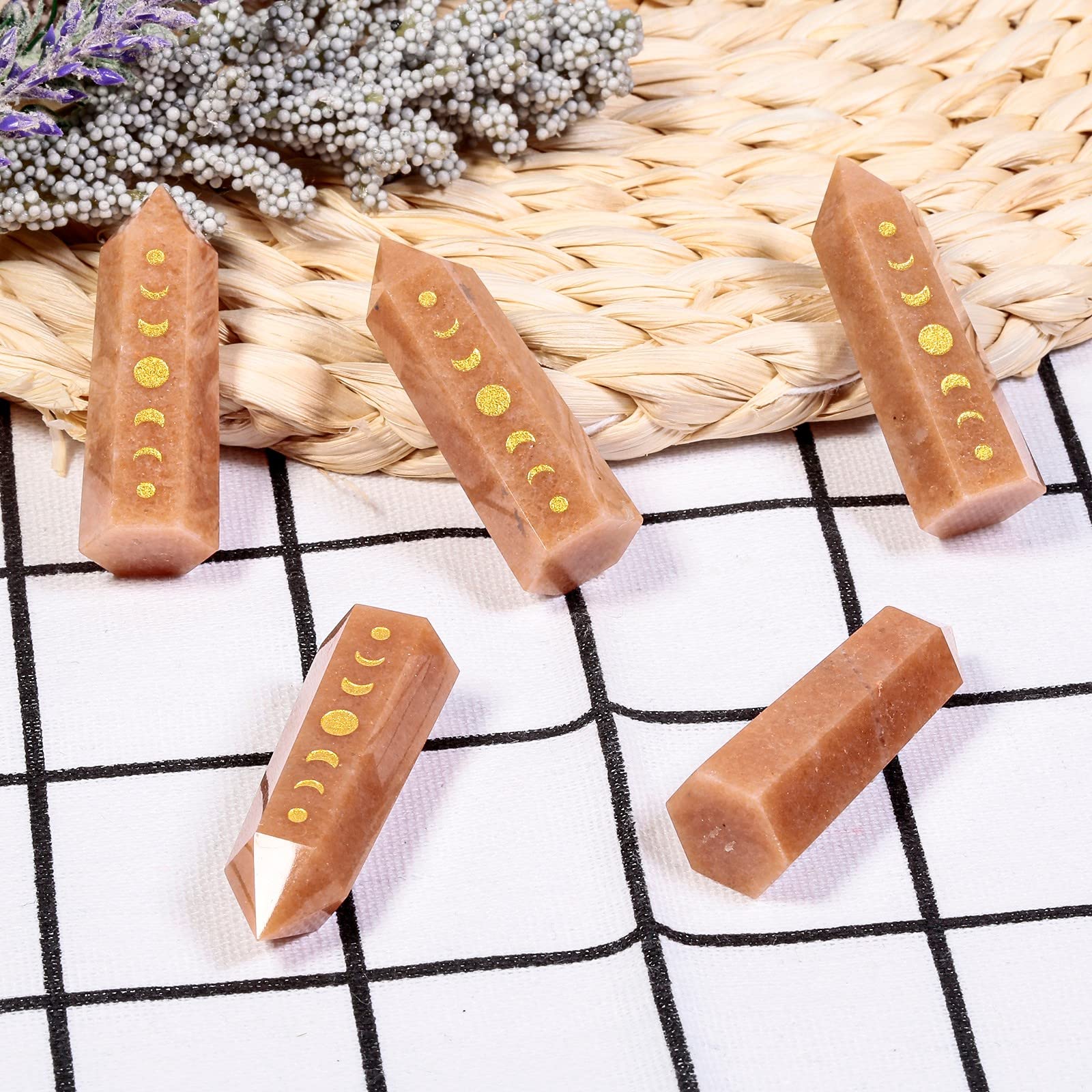 Amogeeli Wicca Moon Phase Red Aventurine Stone Point Wand for Reiki Meditation, 6 Faceted Prism Healing Crystal Decoration for H