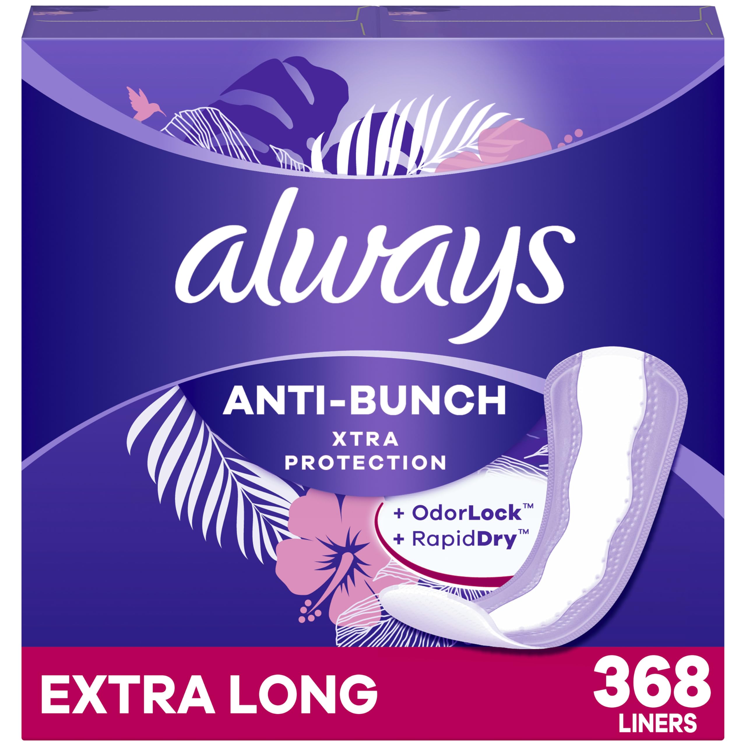 Always Anti-Bunch Xtra Protection, Panty Liners for Women, Extra Long Length, Unscented, 92 Count (Pack of 4) (368 Count) (Packa