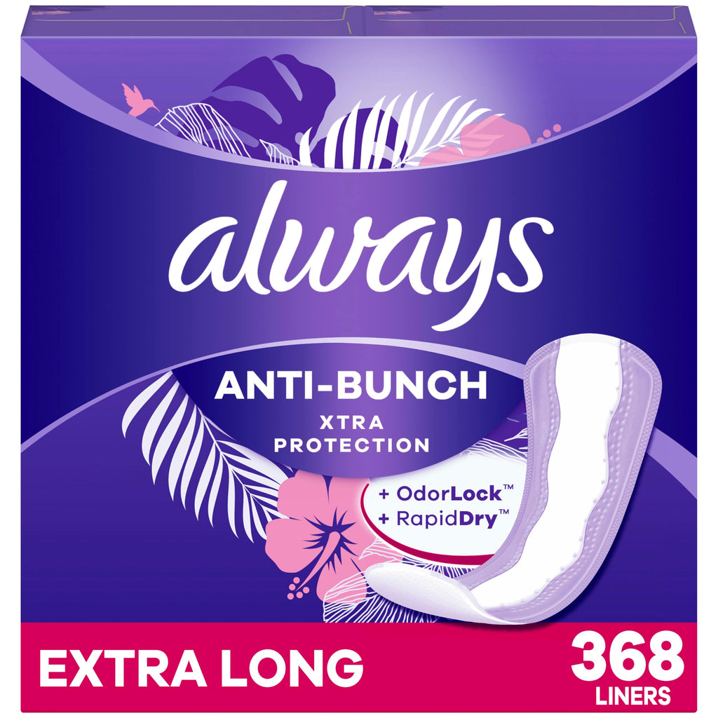 Always Anti-Bunch Xtra Protection, Panty Liners for Women, Extra Long Length, Unscented, 92 Count (Pack of 4) (368 Count) (Packa