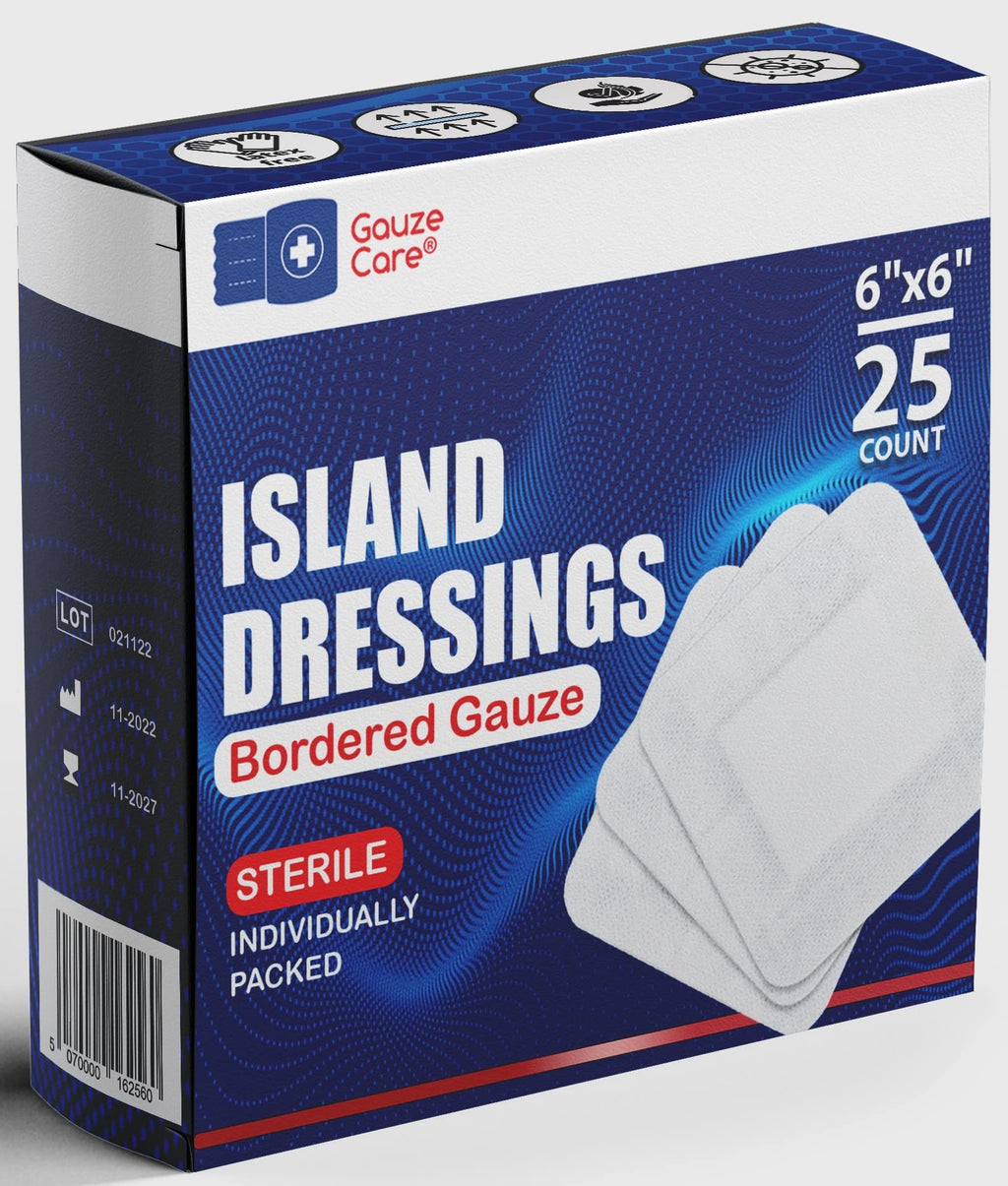 GauzeCare Island Dressing 6x6 (inch) 25 Pcs| Individually Packed Sterile Bordered Dressing | 4x4 Non-Stick Pad in Center with Ac