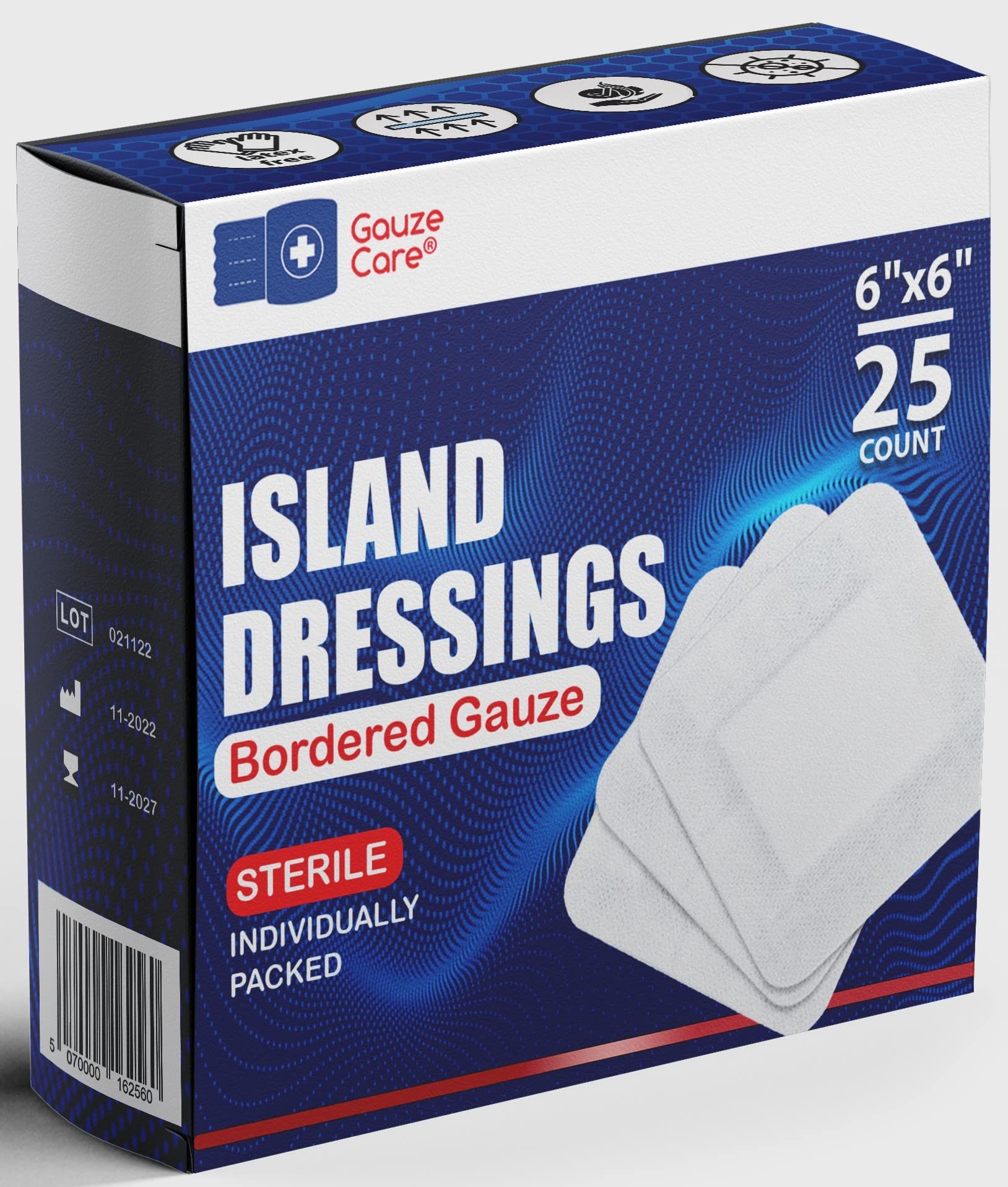 GauzeCare Island Dressing 6x6 (inch) 25 Pcs| Individually Packed Sterile Bordered Dressing | 4x4 Non-Stick Pad in Center with Ac