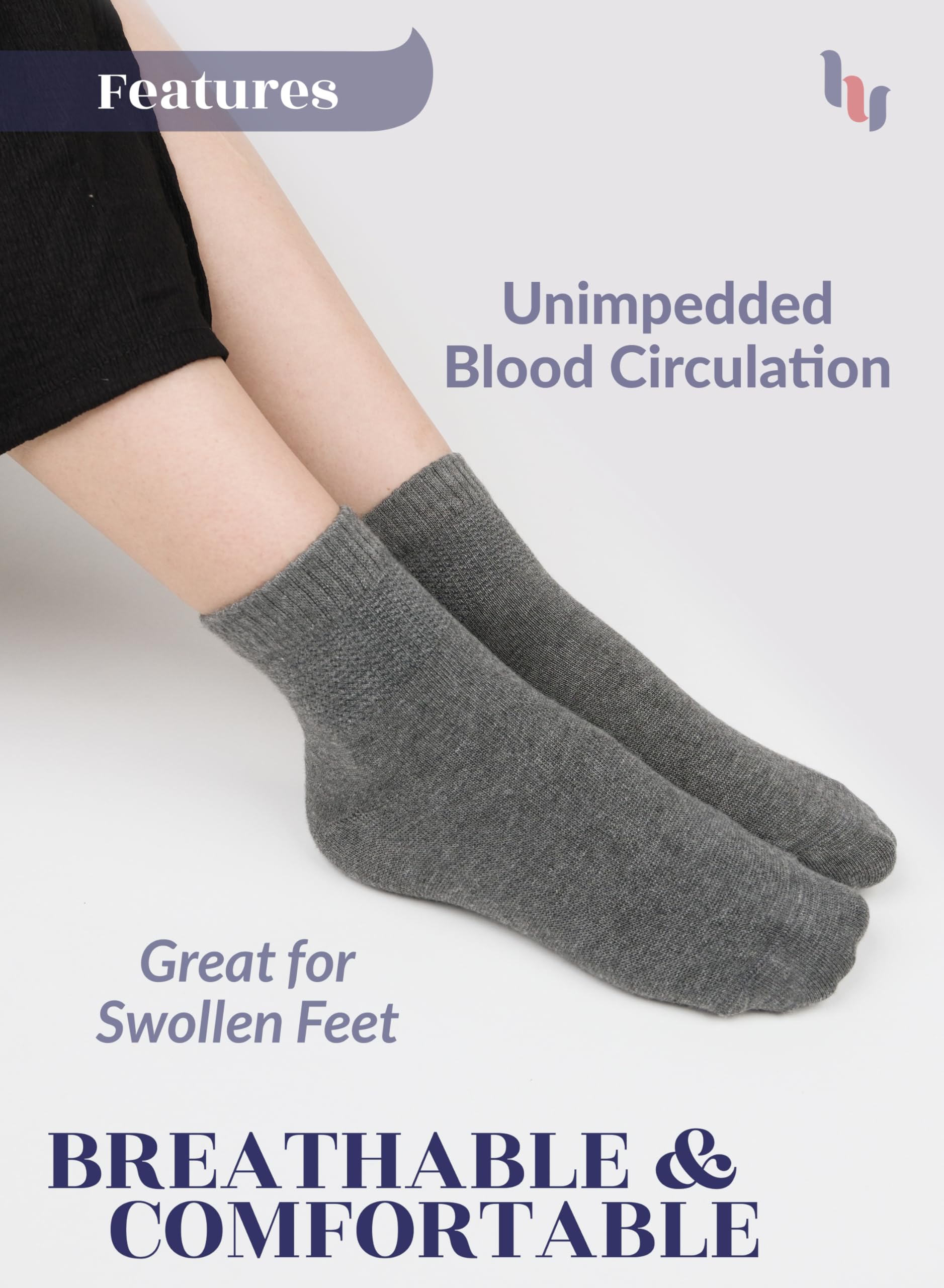 Hugh Ugoli Women Diabetic Ankle Socks, Super Soft & Thin Bamboo Socks, Wide & Loose, Non-Binding Top & Seamless Toe, 4 Pairs, Me