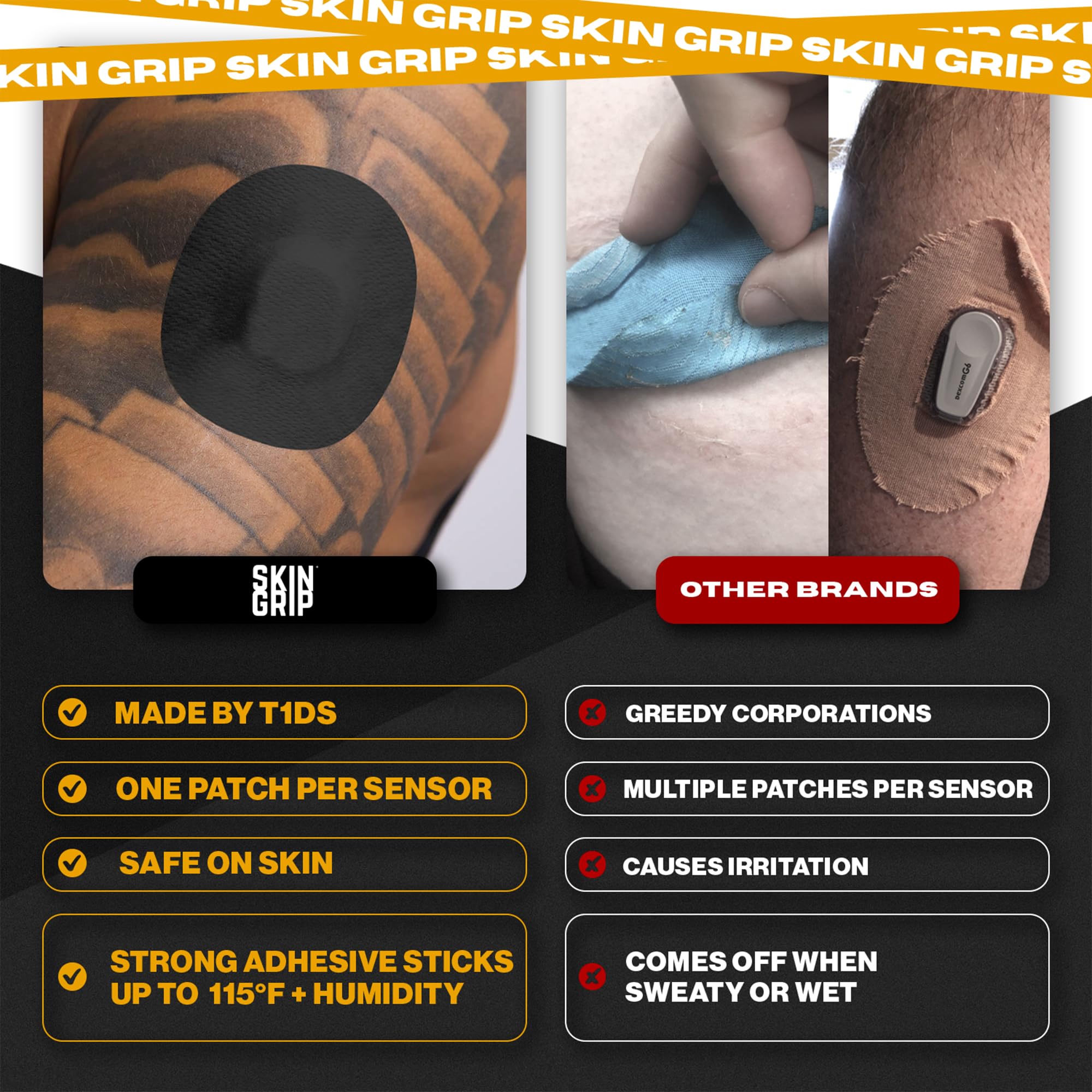 Skin Grip Adhesive Patches for Freestyle Libre 2 CGM - Waterproof & Sweatproof Adhesive for 10-14 Days, Pre-Cut Adhesive Medical