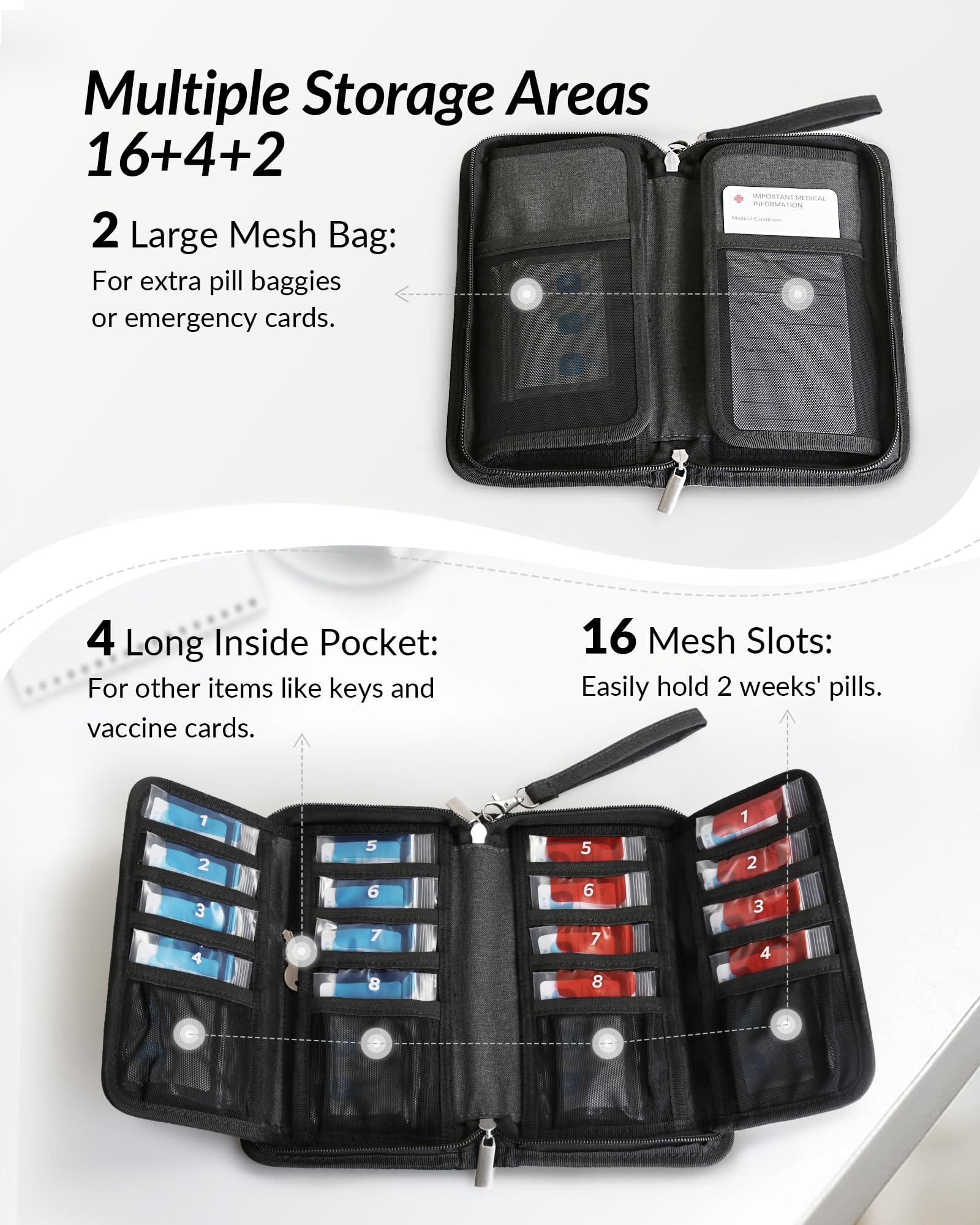 ZIKEE Slim Folding Pill Organizer Bag with 20 Writable BPA-Free Pill Pouches, Travel 22 Slot Pill Box Bag with a Zipper Design f