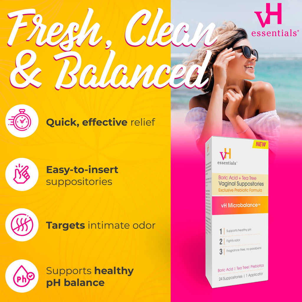 vH essentials Boric Acid and Tea Tree Vaginal Suppositories - Prebiotics Formula with Lactic Acid - PH Balance, Odor Control, Fe