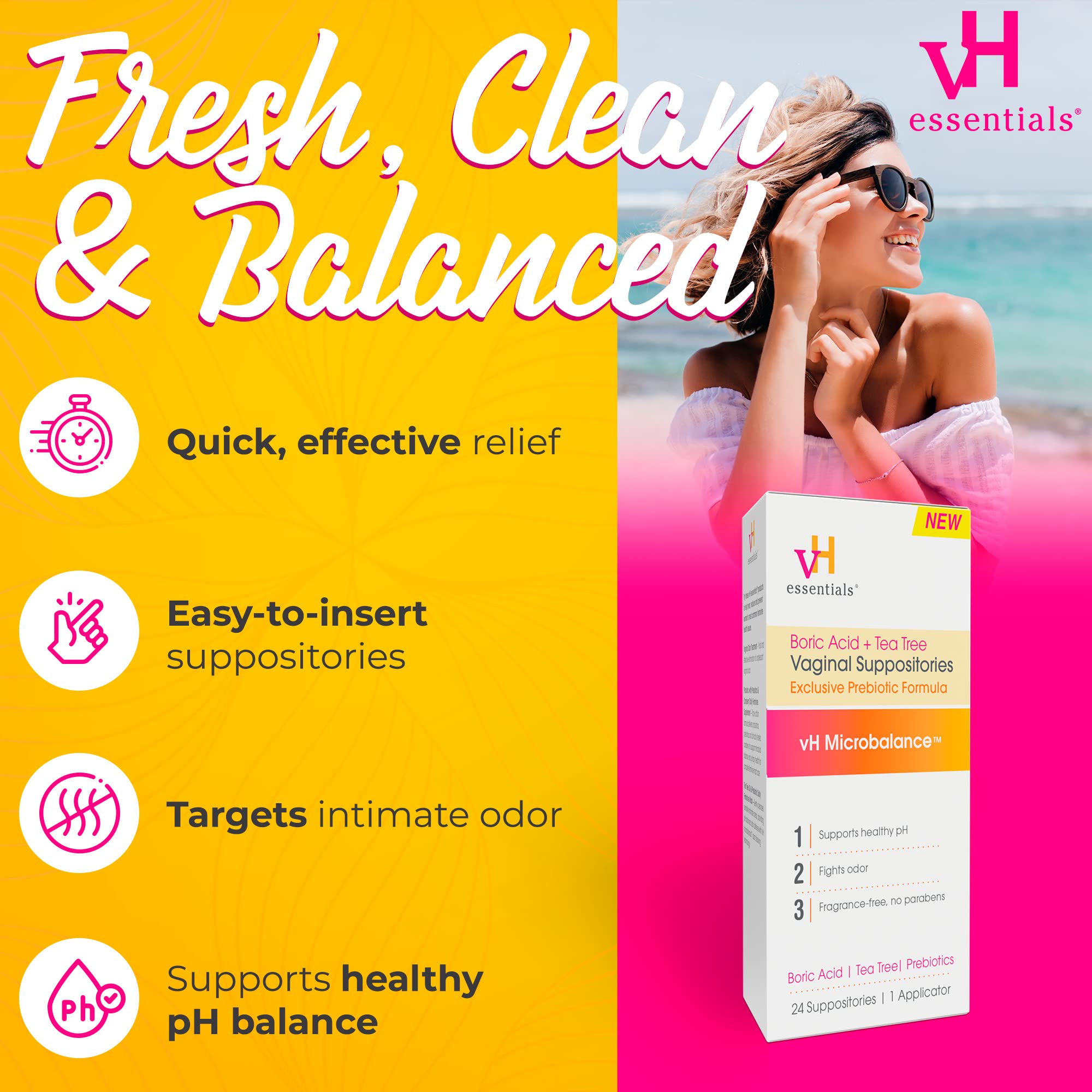 vH essentials Boric Acid and Tea Tree Vaginal Suppositories - Prebiotics Formula with Lactic Acid - PH Balance, Odor Control, Fe