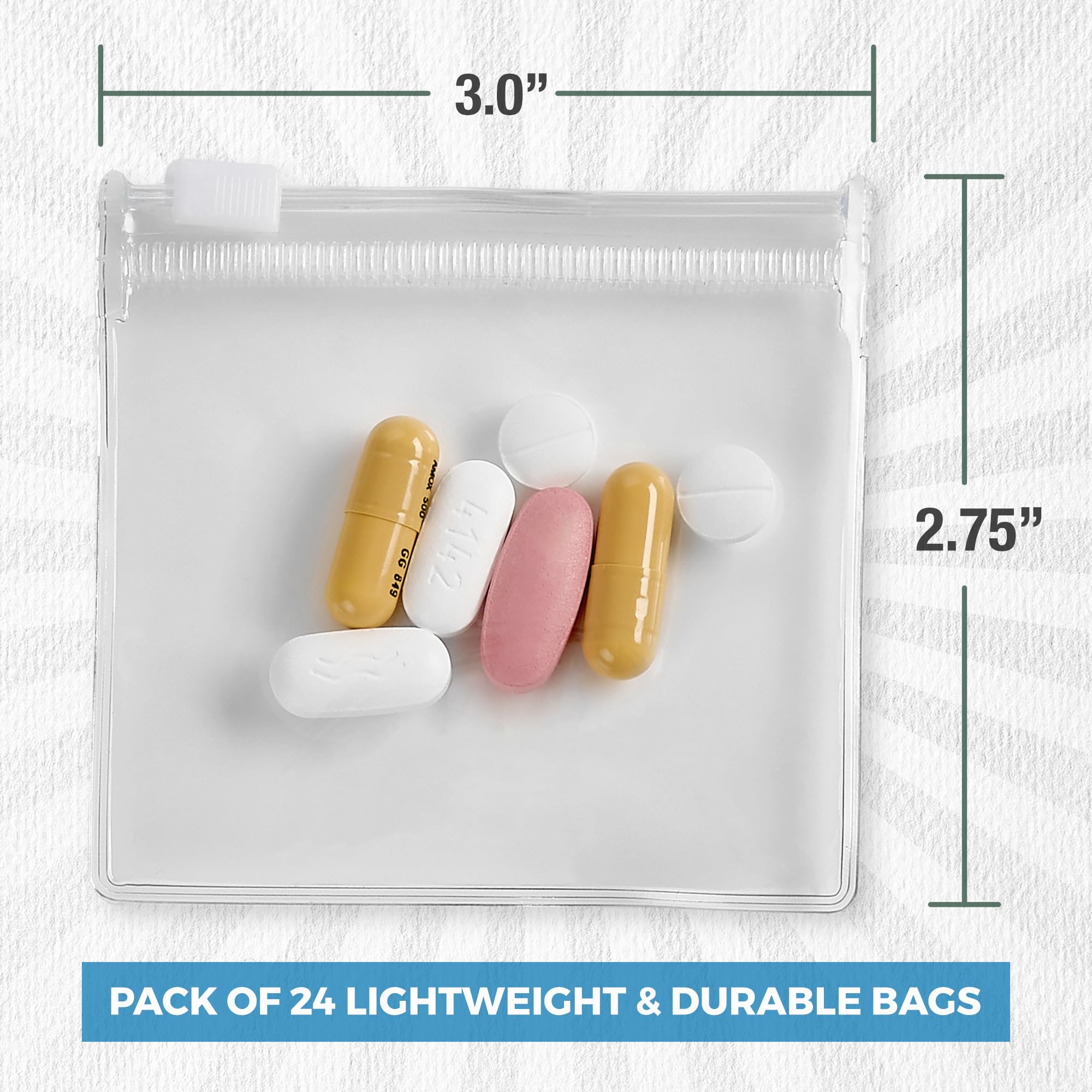 Zippered Pill Pouch Bags - 24 Pcs, Slide Lock Clear Plastic Mini Bags, BPA-Free for Pills Vitamins, Supplements, Medications, Je