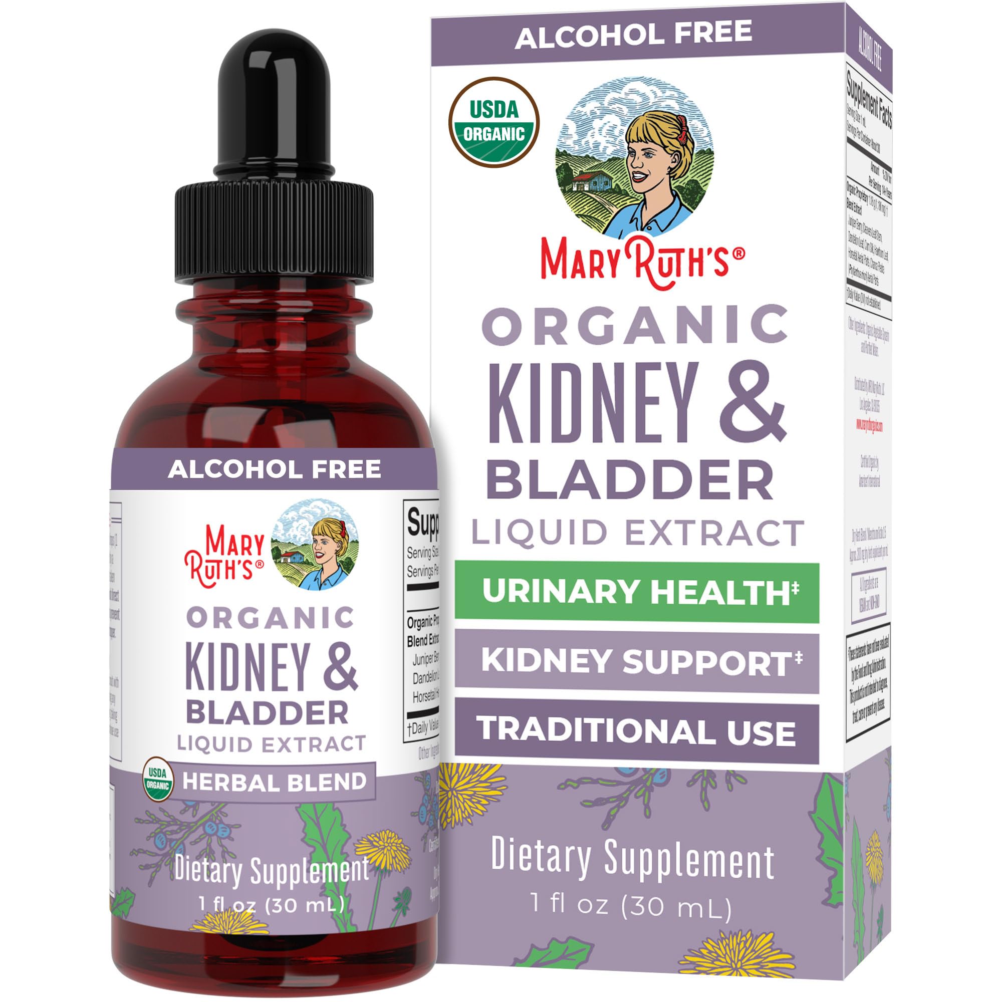 MaryRuth Organics Herbal Supplement Drops | Support Renal & Urinary Systems | Juniper Berry | Cleavers | Dandelion | Hawthorn | 