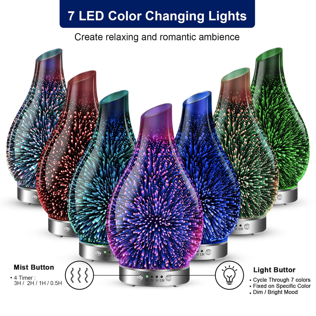 MAXWINER Essential Oil Diffusers Ultrasonic 3D Glass Aromatherapy Diffuser, Auto Shut-Off, Timer Setting, 7 Colors LED Lights Ch