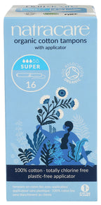 Natracare Organic Cotton Super Tampons with Cardboard Applicator, Plastic Free, Chlorine Free, Biodegradable & Compostable (16 P
