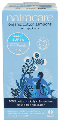 Natracare Organic Cotton Super Tampons with Cardboard Applicator, Plastic Free, Chlorine Free, Biodegradable & Compostable (16 P