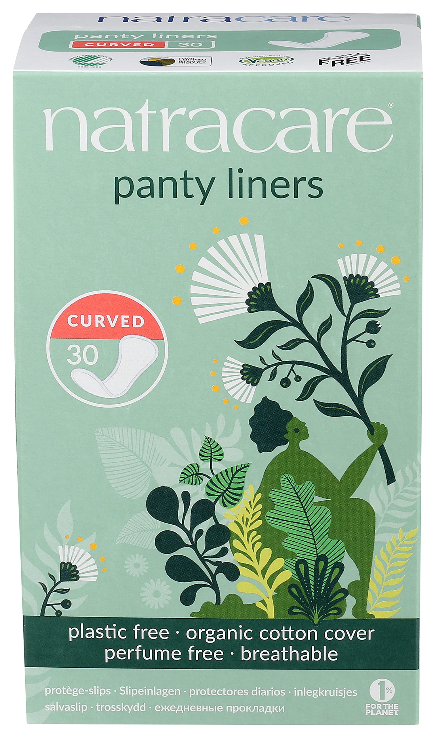 Natracare Natural Organic Cotton Curved Panty Liners for Sensitive Skin, Shaped for Extraordinary Everyday Comfort, 30 Liners Pe