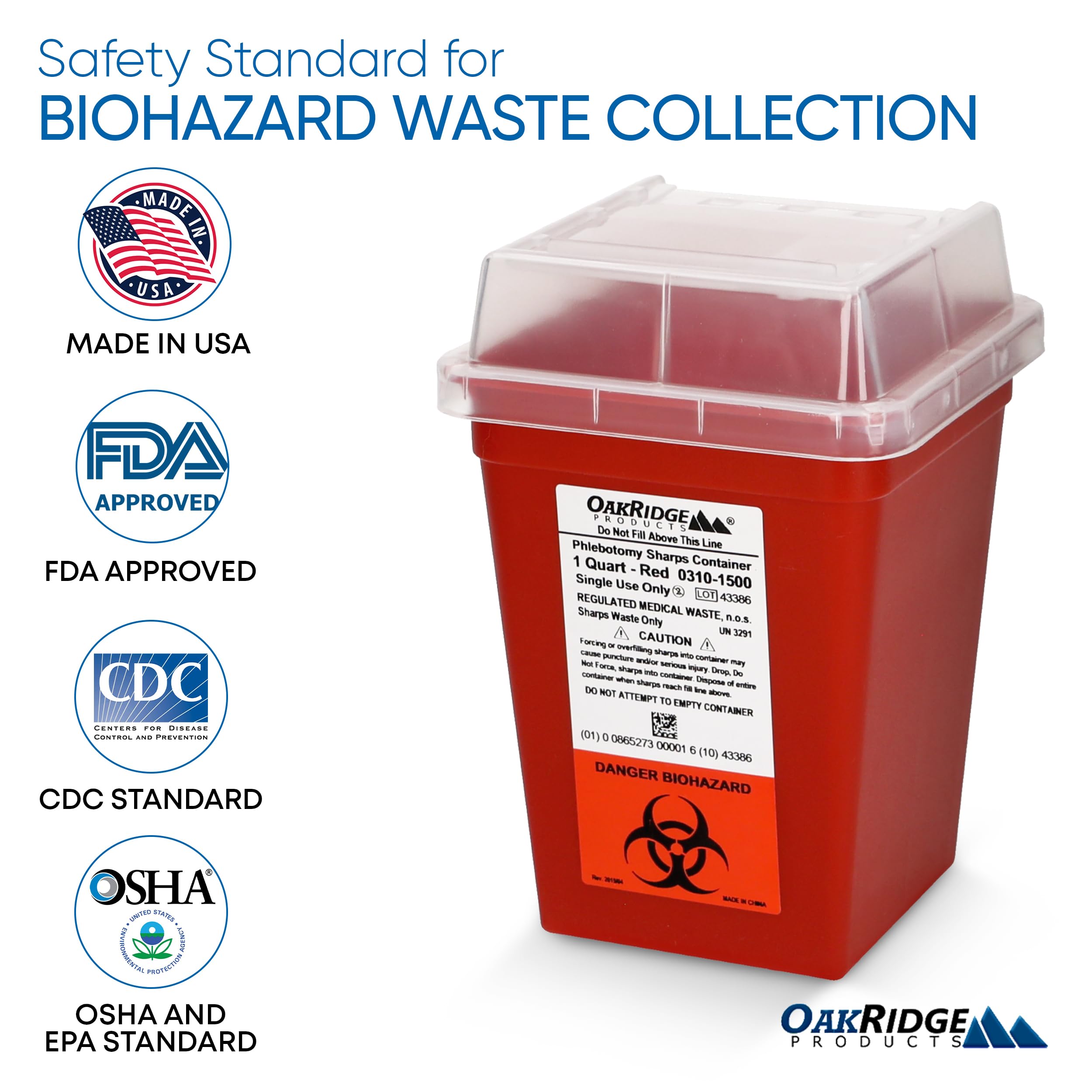 Oakridge Products Sharps Container for Home Use and Professional 1 Quart, Biohazard Needle and Syringe Disposal, Small Portable