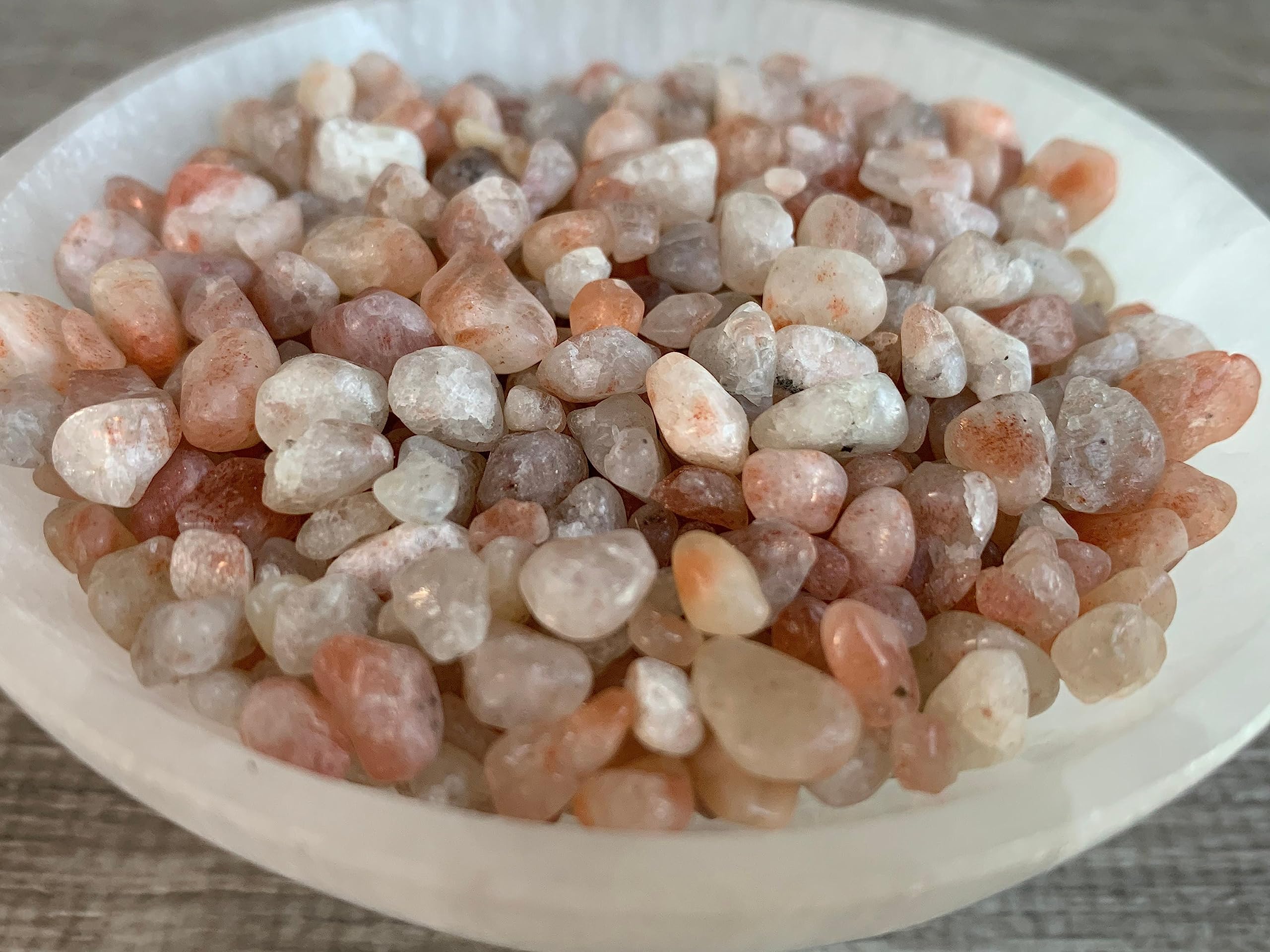 GAF TREASURES 2 oz Lot Natural Semi Tumbled Gemstone Chips, Crushed Mini Crystals, Undrilled Crystal Chips (Sunstone)