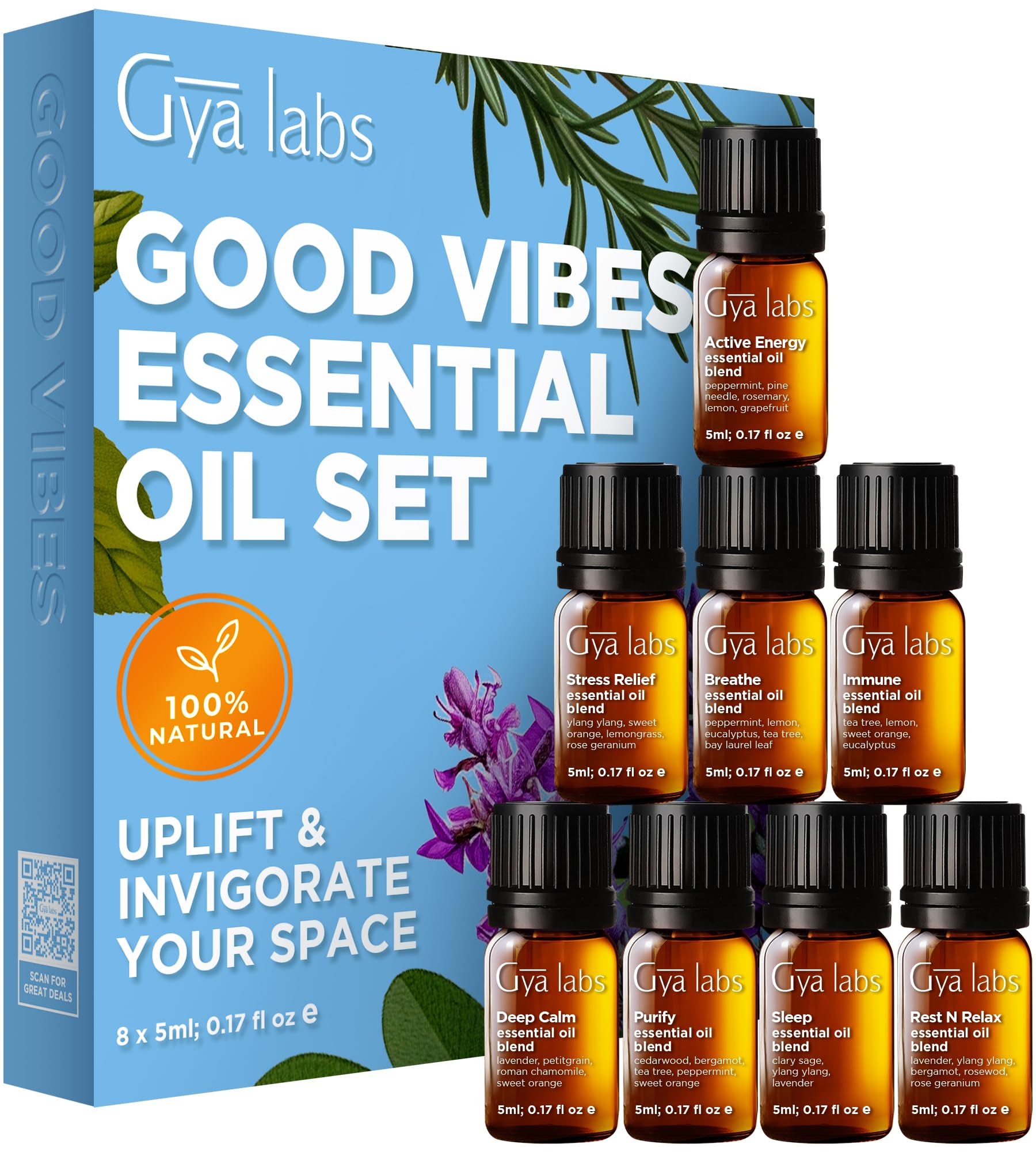Gya Labs Good Vibes Essential Oil Set, Essential Oils for Diffusers, Self-Care, Skin, Candle Making & Gift Set - Peppermint, Ros