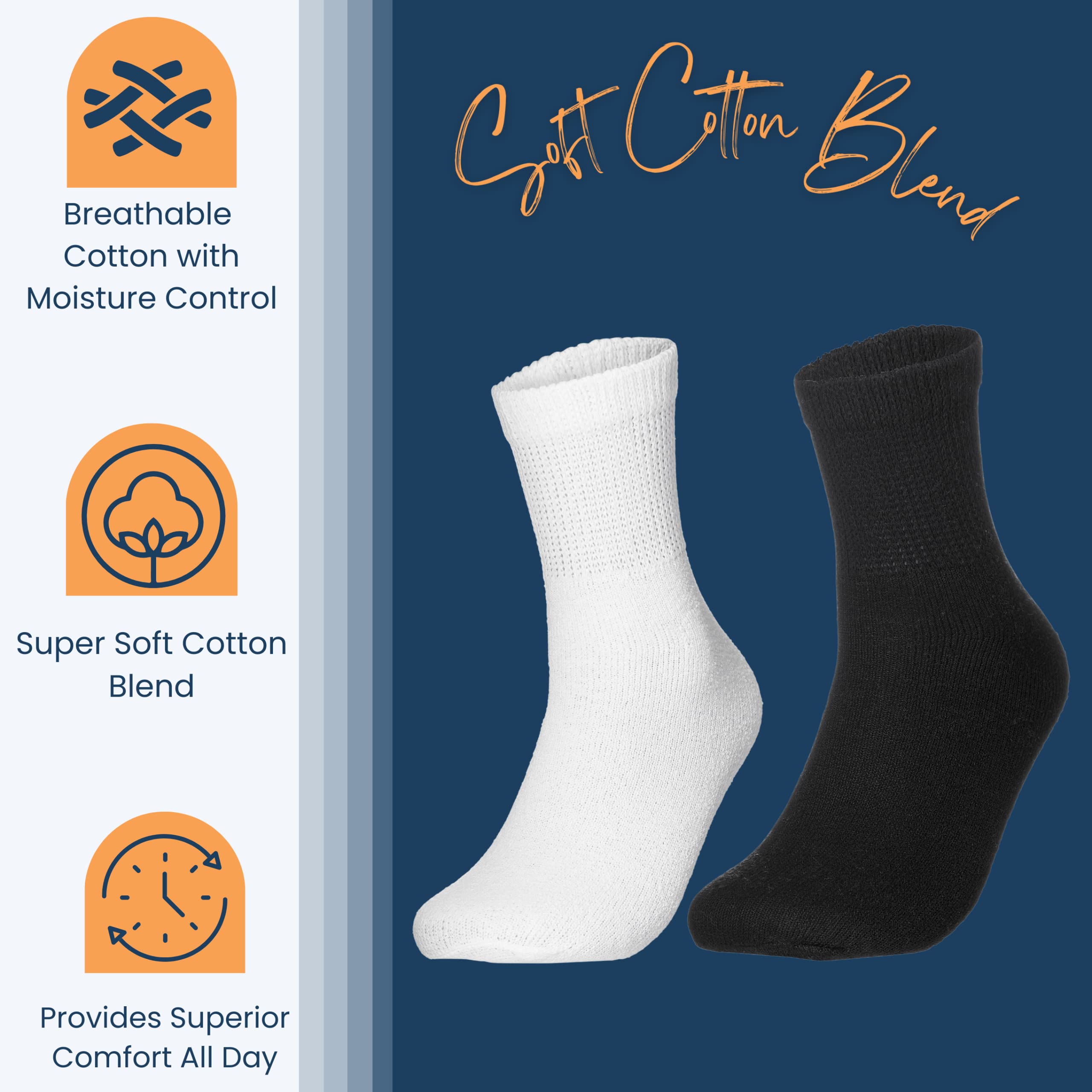 Special Essentials 12 Pairs Cotton Diabetic Ankle Socks - Non-Binding With Extra Wide Top For Men and Women White and Black 9-11