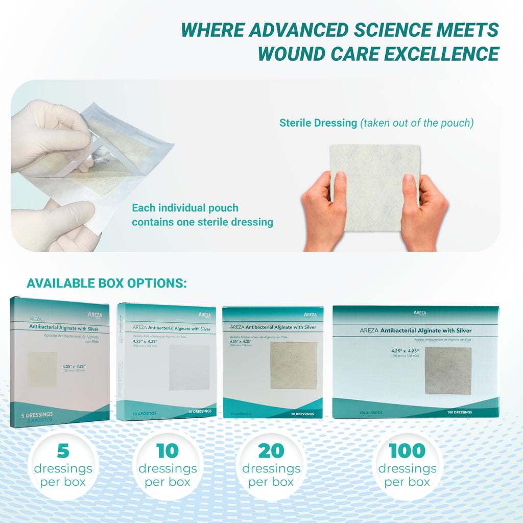 Areza Medical - Silver Alginate (Antibacterial Alginate with Silver) - Wound Dressing Pads - Sterile - 4.25 X 4.25 (10.8 cm X 10