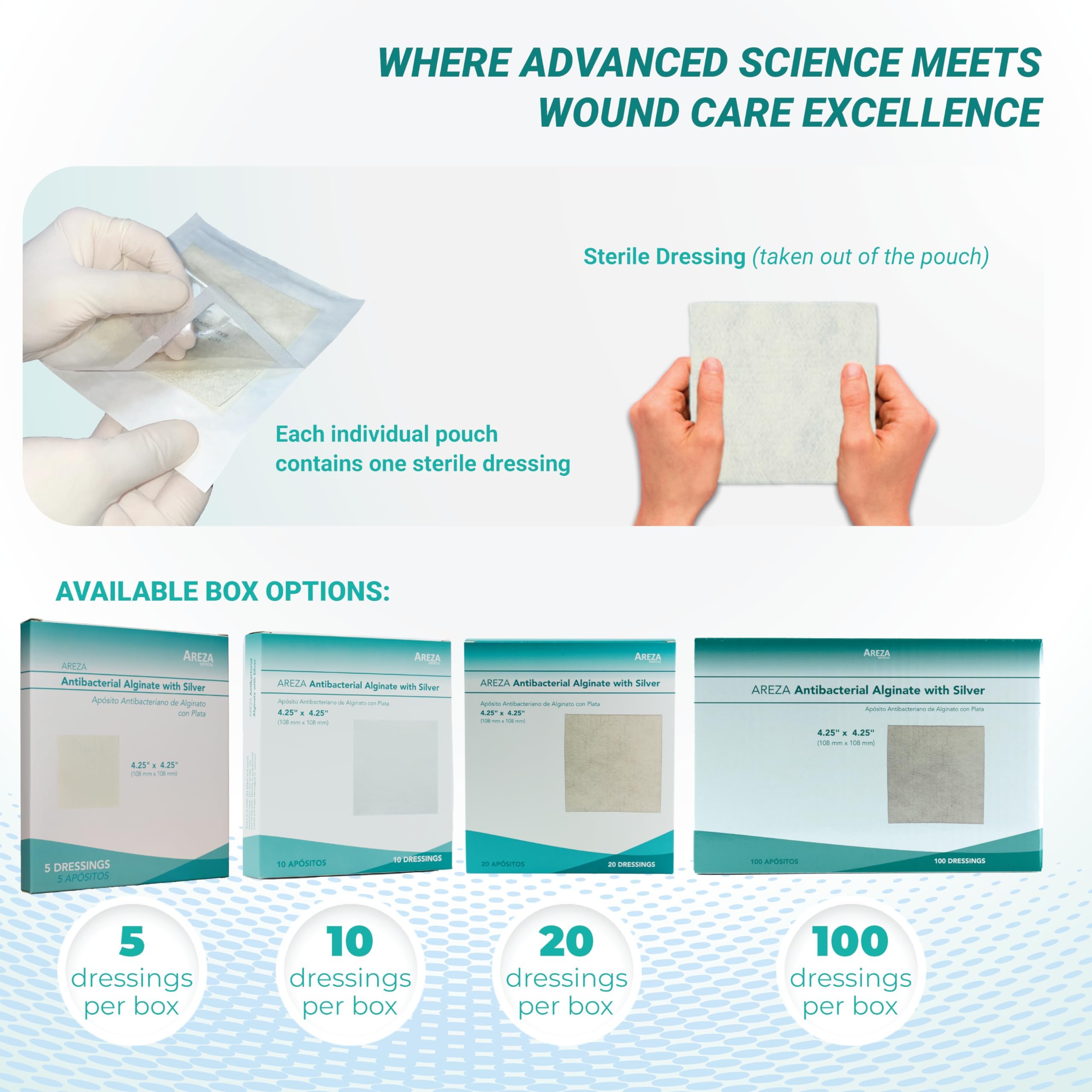 Areza Medical - Silver Alginate (Antibacterial Alginate with Silver) - Wound Dressing Pads - Sterile - 4.25 X 4.25 (10.8 cm X 10