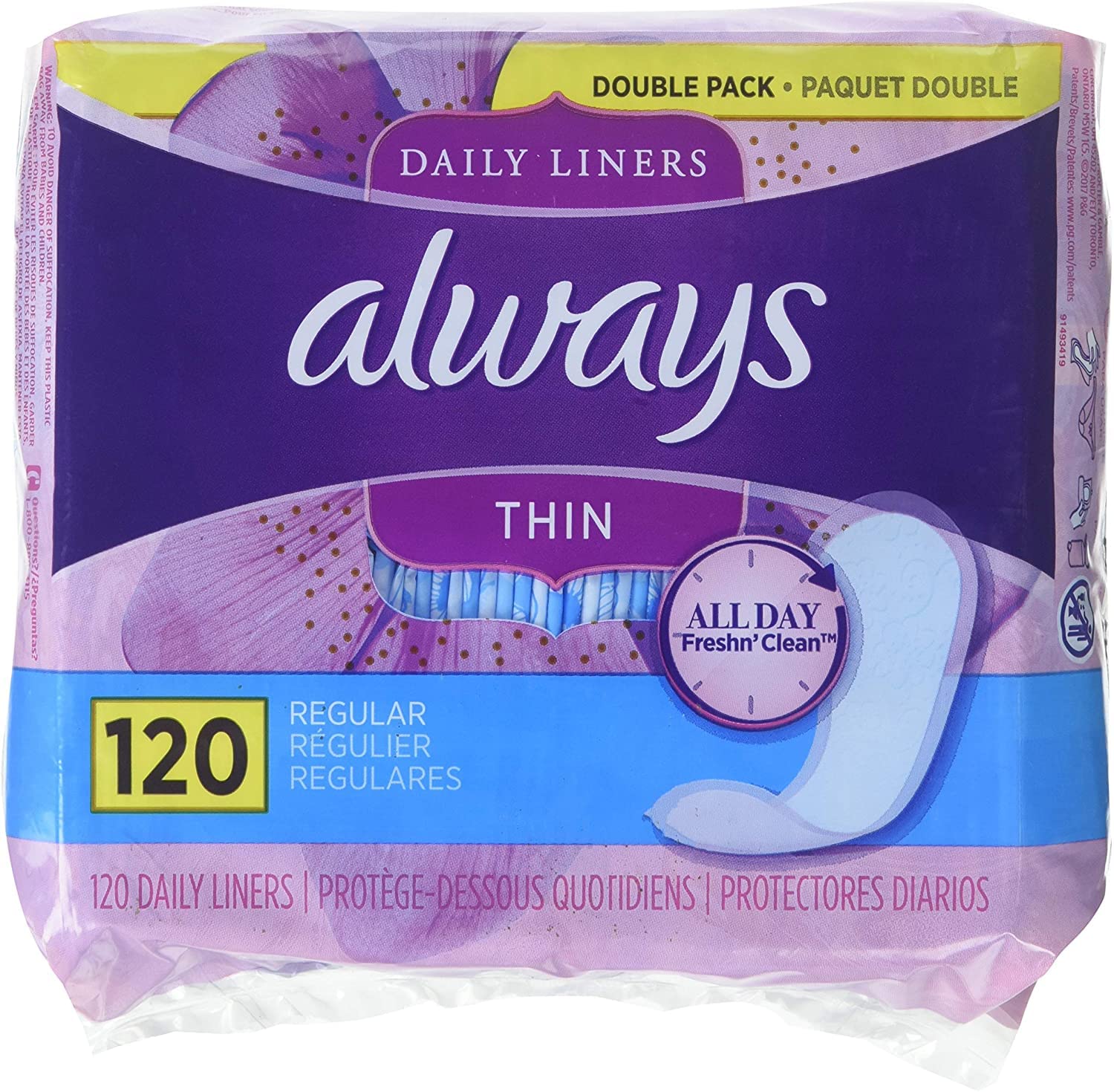 Always Thin Daily Panty Liners For Women, Light Absorbency, Unscented, 120 Count