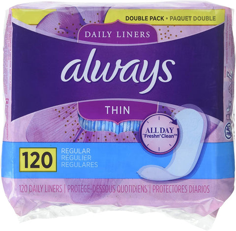 Always Thin Daily Panty Liners For Women, Light Absorbency, Unscented, 120 Count