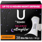 U by Kotex Balance Overnight Pads with Wings, Ultra Thin, 38 Count