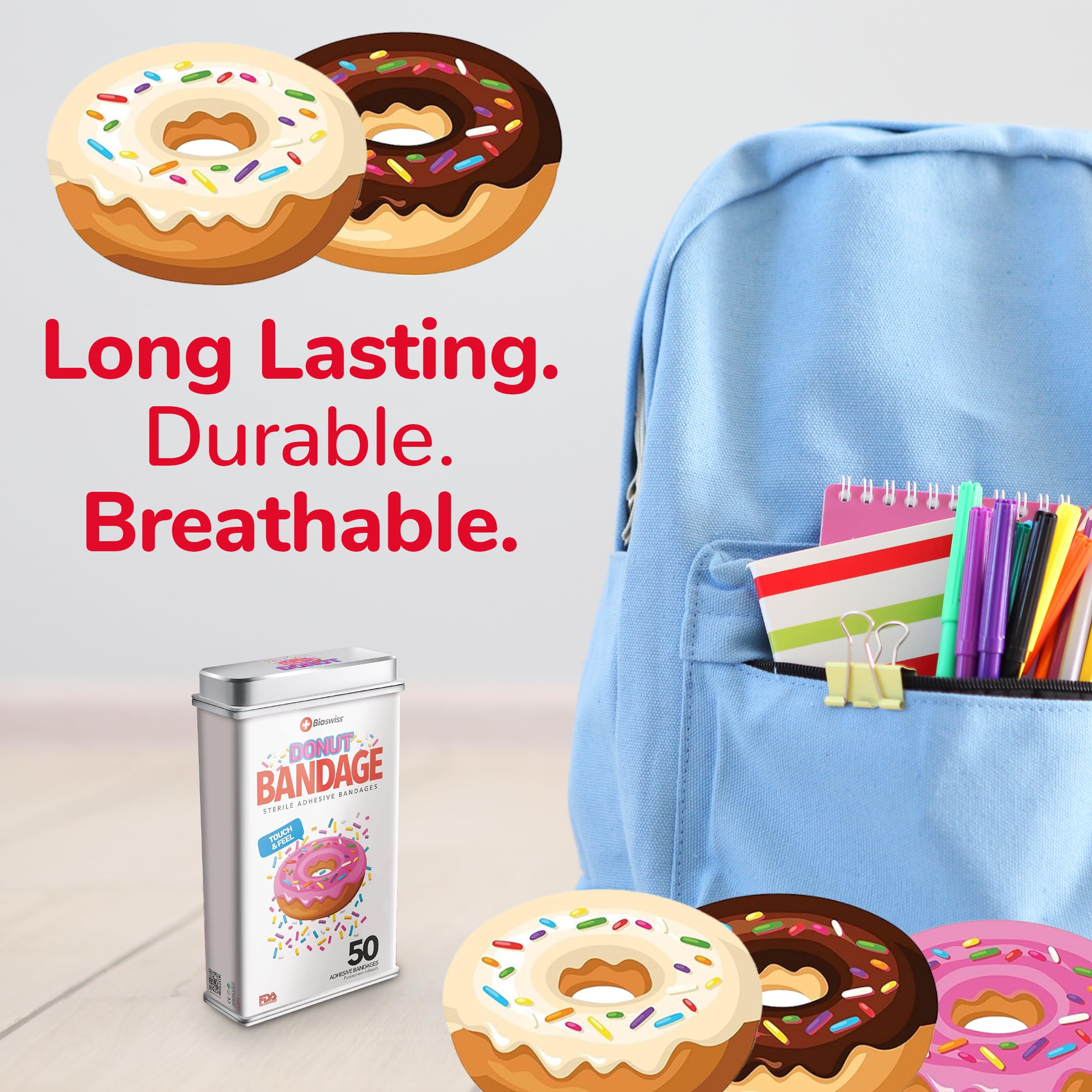 BioSwiss Bandages, Donut Shaped Self Adhesive Bandages, Latex Free Sterile Wound Care, Fun First Aid Kit Supplies for Kids, 50 C