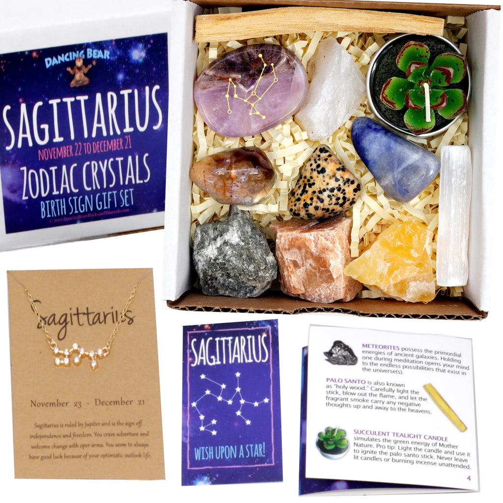 DANCING BEAR Sagittarius Zodiac Healing Crystals Gift Set (14 Pc): 9 Stones, 18K Gold-Plated Constellation Necklace, Meteorite, 