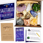 DANCING BEAR Sagittarius Zodiac Healing Crystals Gift Set (14 Pc): 9 Stones, 18K Gold-Plated Constellation Necklace, Meteorite, 