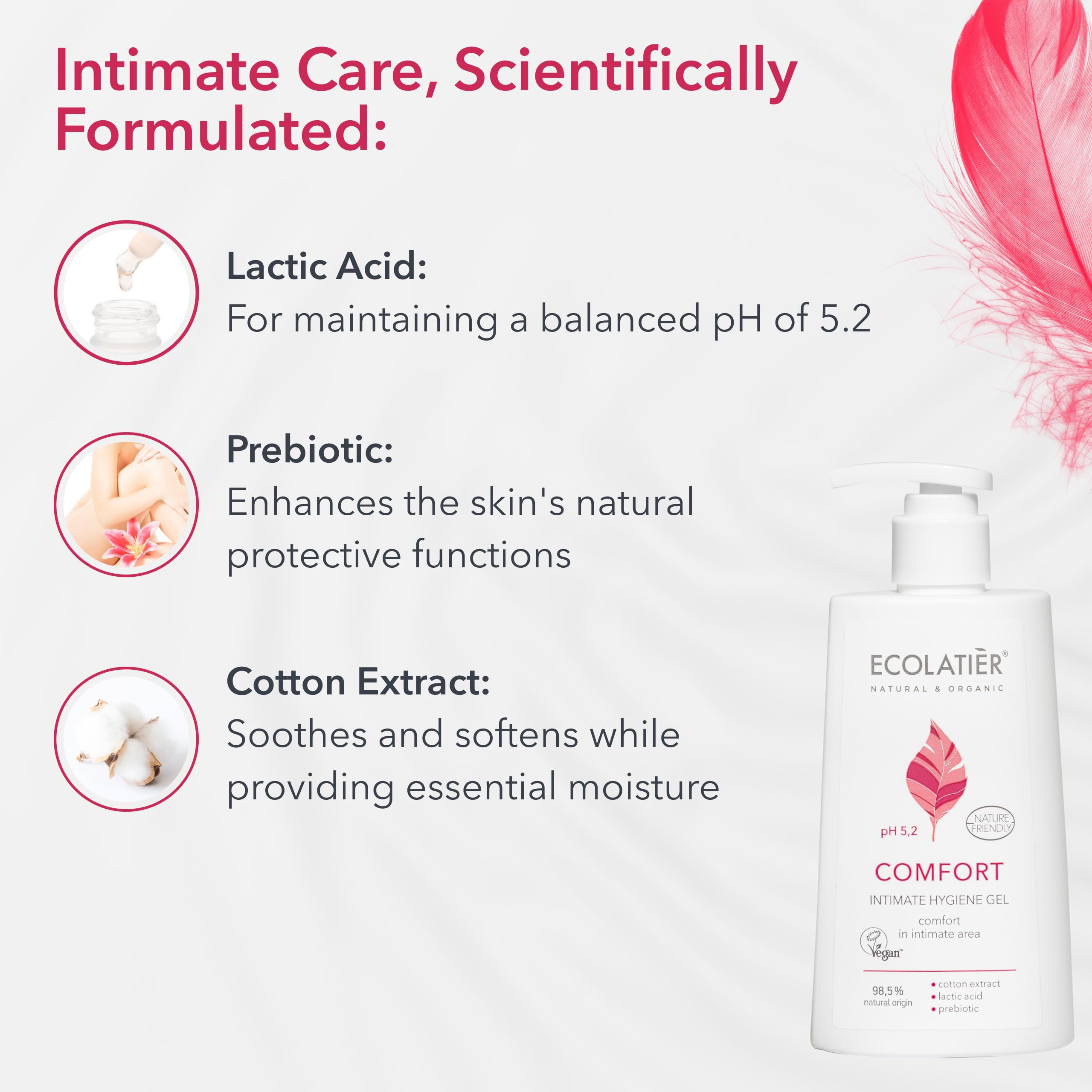 Feminine Wash Comfort with Cotton Extract - 98.5% Natural, Vegan, pH 5.2 Balanced Feminine Wash for Women, Gentle and Soothing D