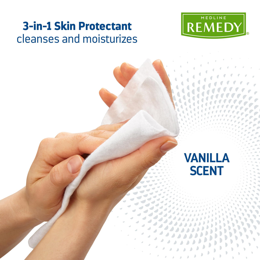 Medline Remedy Clinical 3-in-1 Barrier Cream Cloth, 8 count (32 Packs), 8 x 8 in Adult Wet Wipes, Vanilla Scent, Incontinent Car