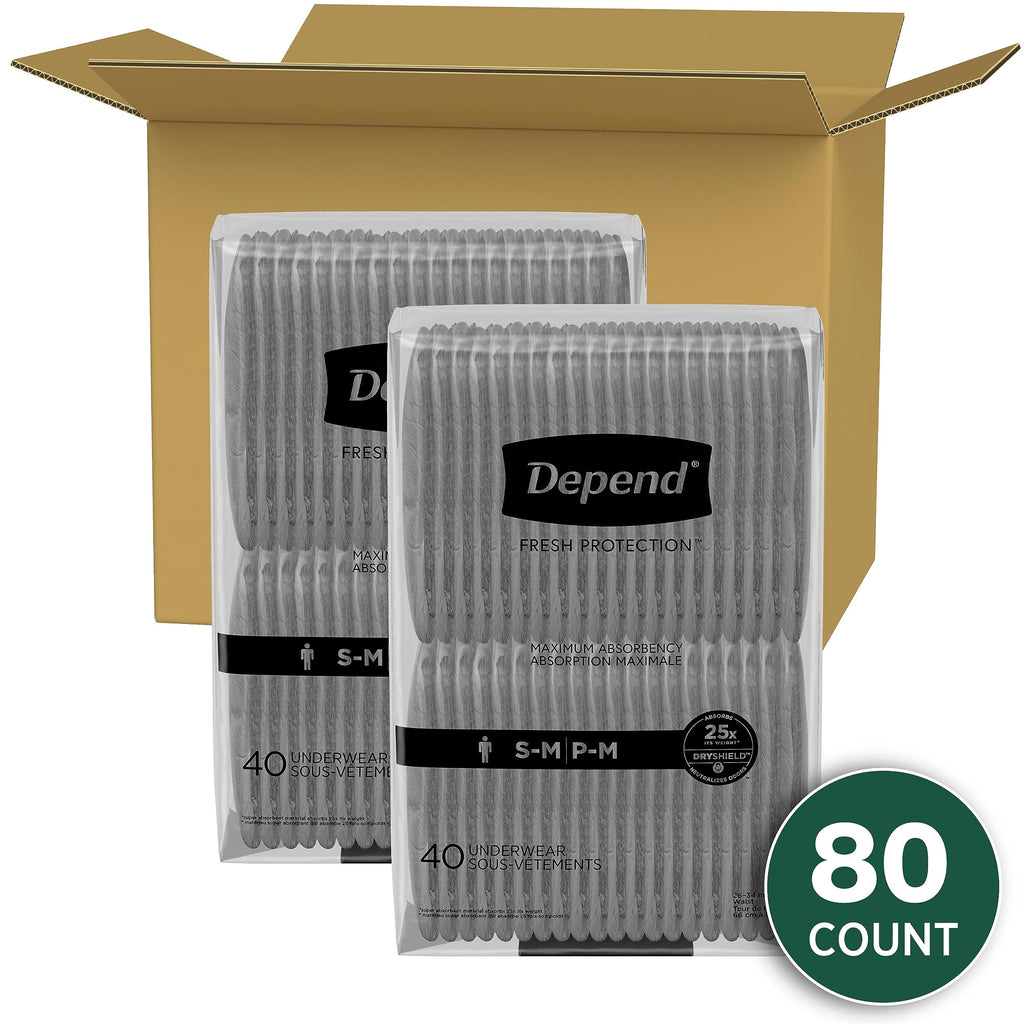 Depend Fresh Protection Adult Incontinence Underwear for Men, Disposable, Maximum, Small/Medium, Grey, 80 Count (2 Packs of 40),