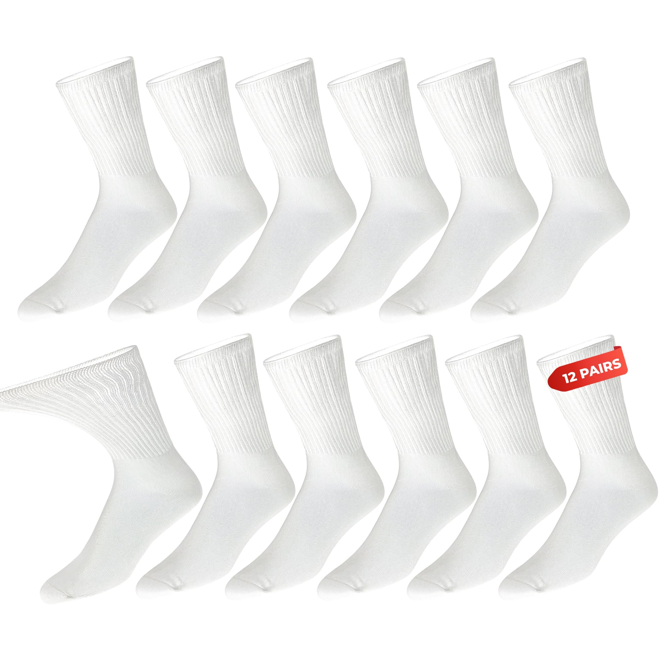 Men's Diabetic Socks -12 Pack - White - By Zeke Size: 10-13