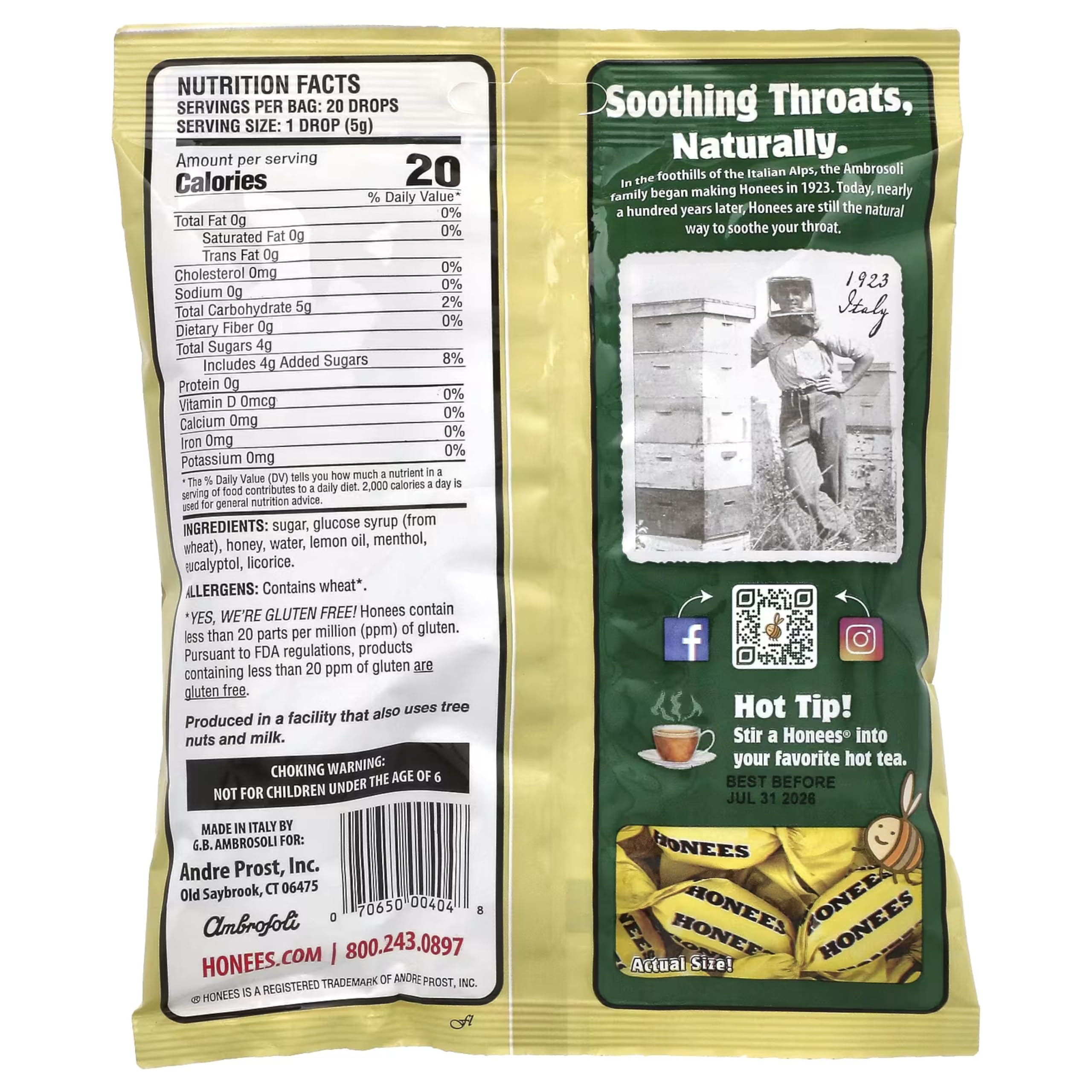 Honees Filled Menthol Lemon Cough Drop, Honey, Menthol & Lemon Cough Drops- Sore Throat Relief - Nothing Artificial -Natural Sor