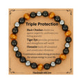 Gnamy Triple Protection Beaded Bracelet Gifts for Men, Tiger Eye Black Obsidian Hematite Bracelets Birthday Valentines Day Anniv