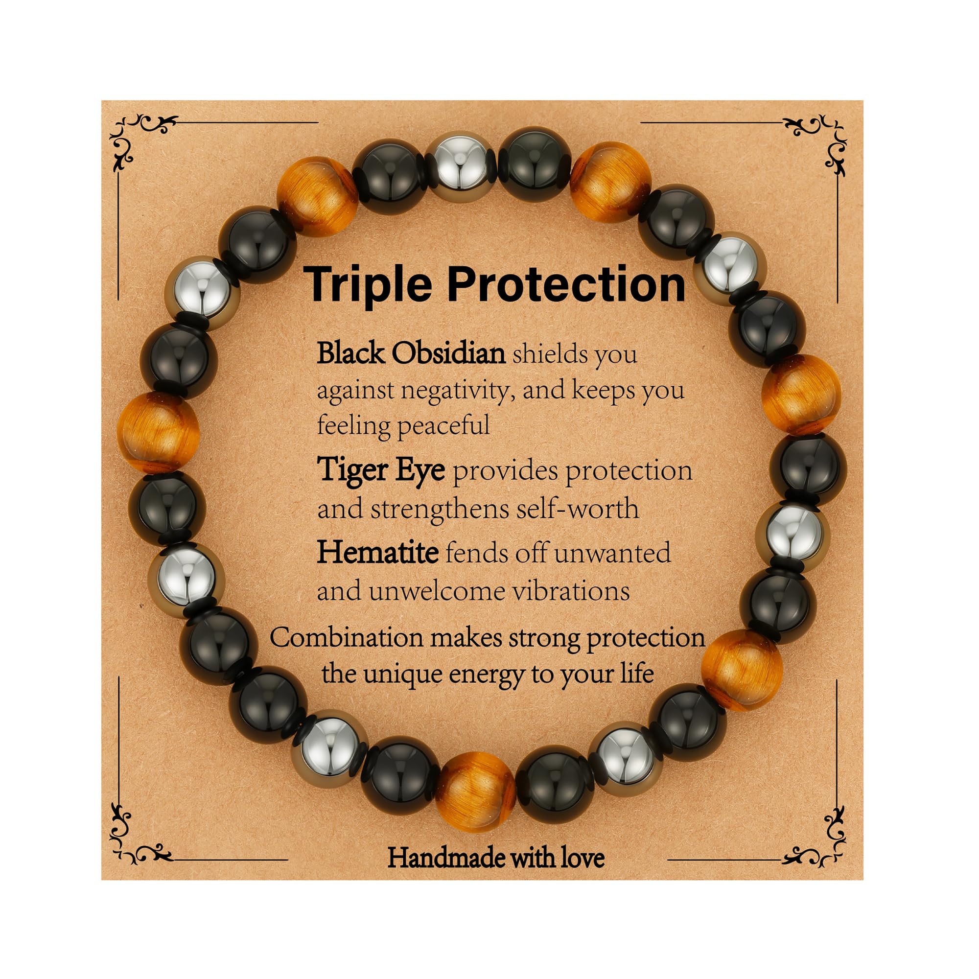Gnamy Triple Protection Beaded Bracelet Gifts for Men, Tiger Eye Black Obsidian Hematite Bracelets Birthday Valentines Day Anniv
