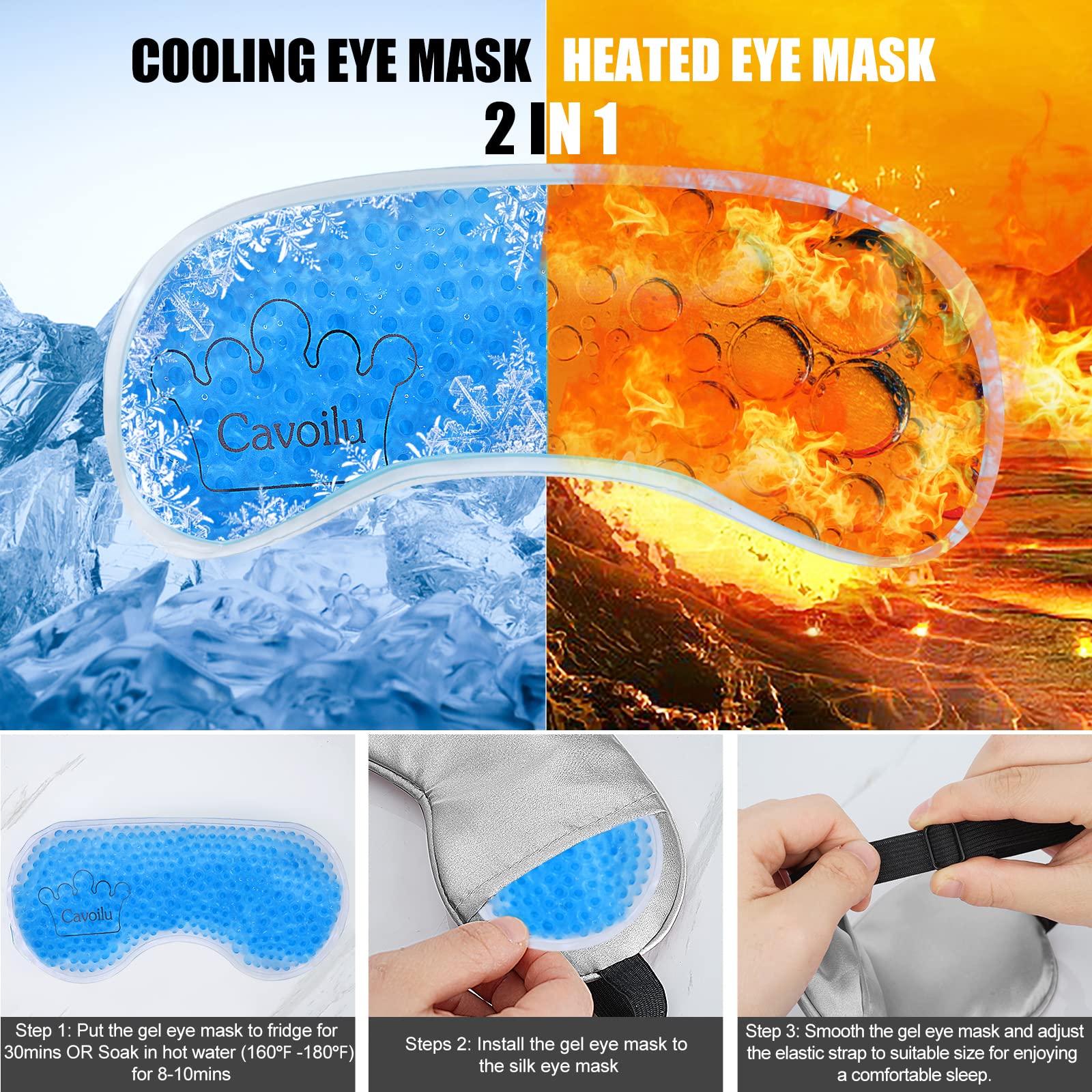 Cavoilu Sleep Mask w/ Cooling Gel Eye Mask, Silk Eye Mask for Sleeping, Hot & Cold Eye Masks, Blindfold Eye Cover Sleeping Mask
