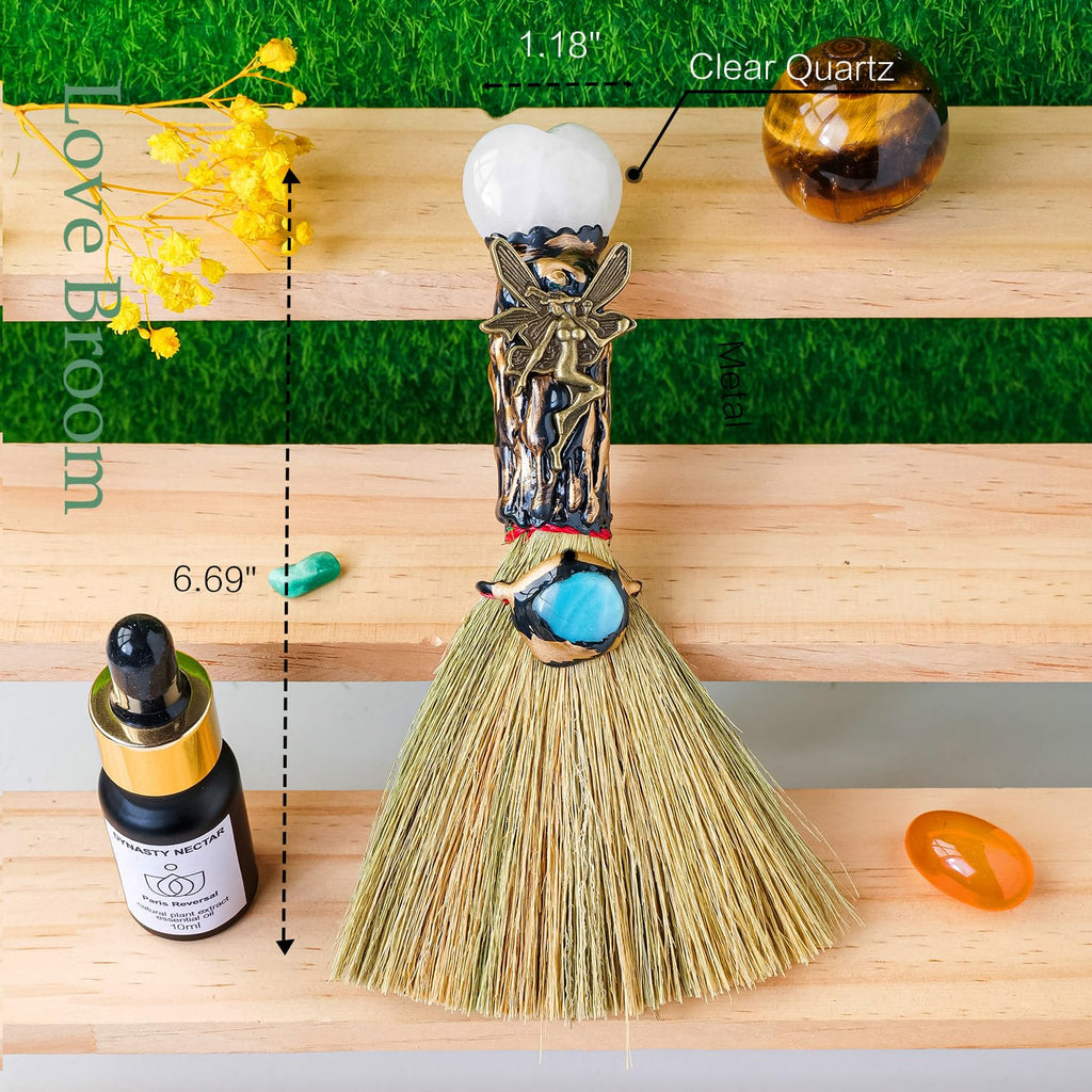 Natural Clear Quartz Magic Witch Broom - Handcrafted Love Crystal for Energy Cleansing & Chakra Balancing - Reiki Healing Tool w