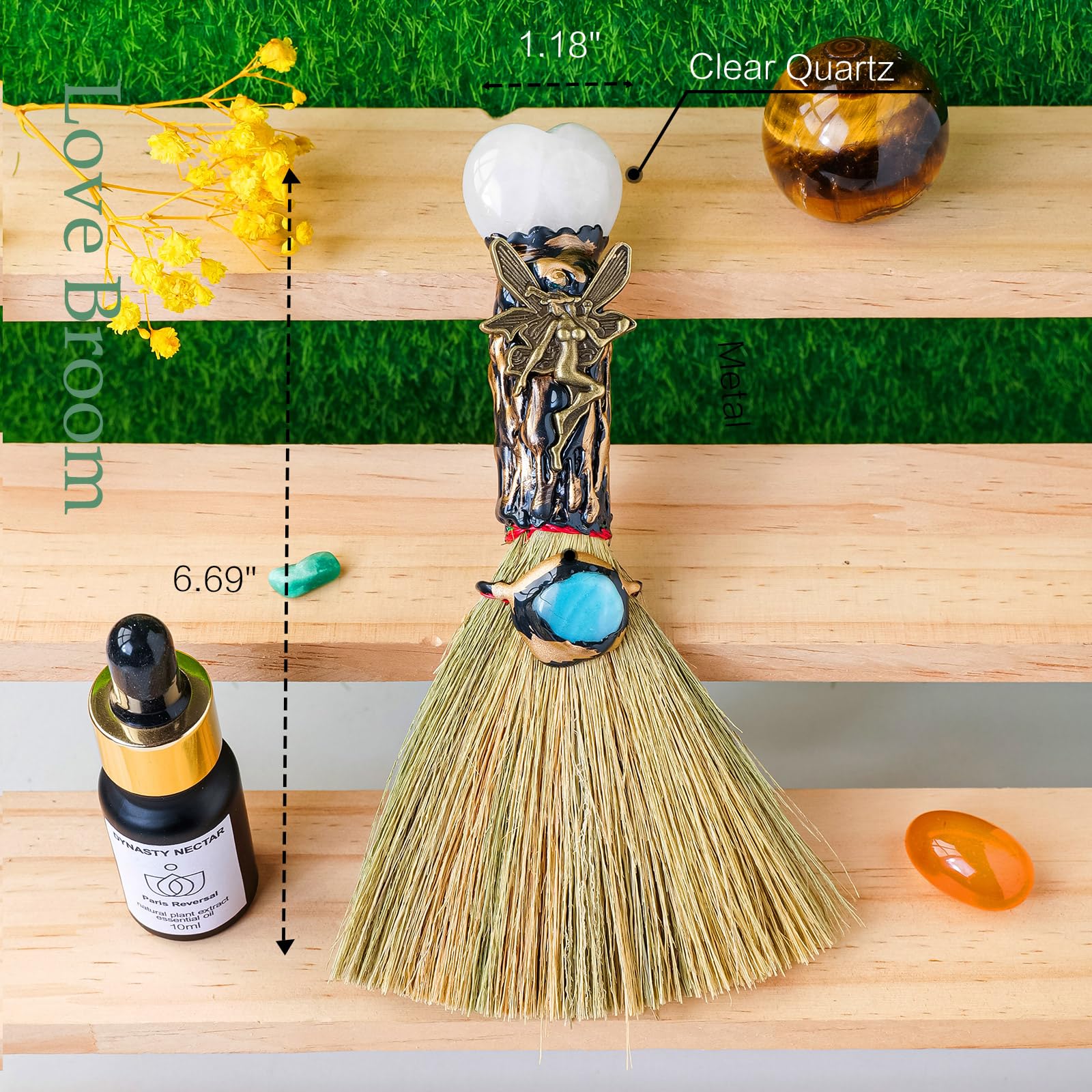 Natural Clear Quartz Magic Witch Broom - Handcrafted Love Crystal for Energy Cleansing & Chakra Balancing - Reiki Healing Tool w
