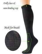 Yomandamor 4 Pairs Womens Diabetic Knee-Hi Seamless Socks Black Long Lace Non-binding Sock,9-11