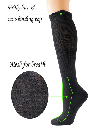 Yomandamor 4 Pairs Womens Diabetic Knee-Hi Seamless Socks Black Long Lace Non-binding Sock,9-11